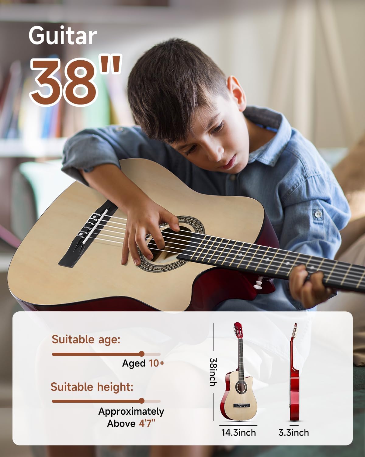 Moukey 38" Acoustic Guitar for Beginners Kids Youth Adult Cutaway Guitarra Acustica Kit with Chord Poster, Gig Bag, Tuner, Picks, Nylon Strings, Capo, Strap - Natural