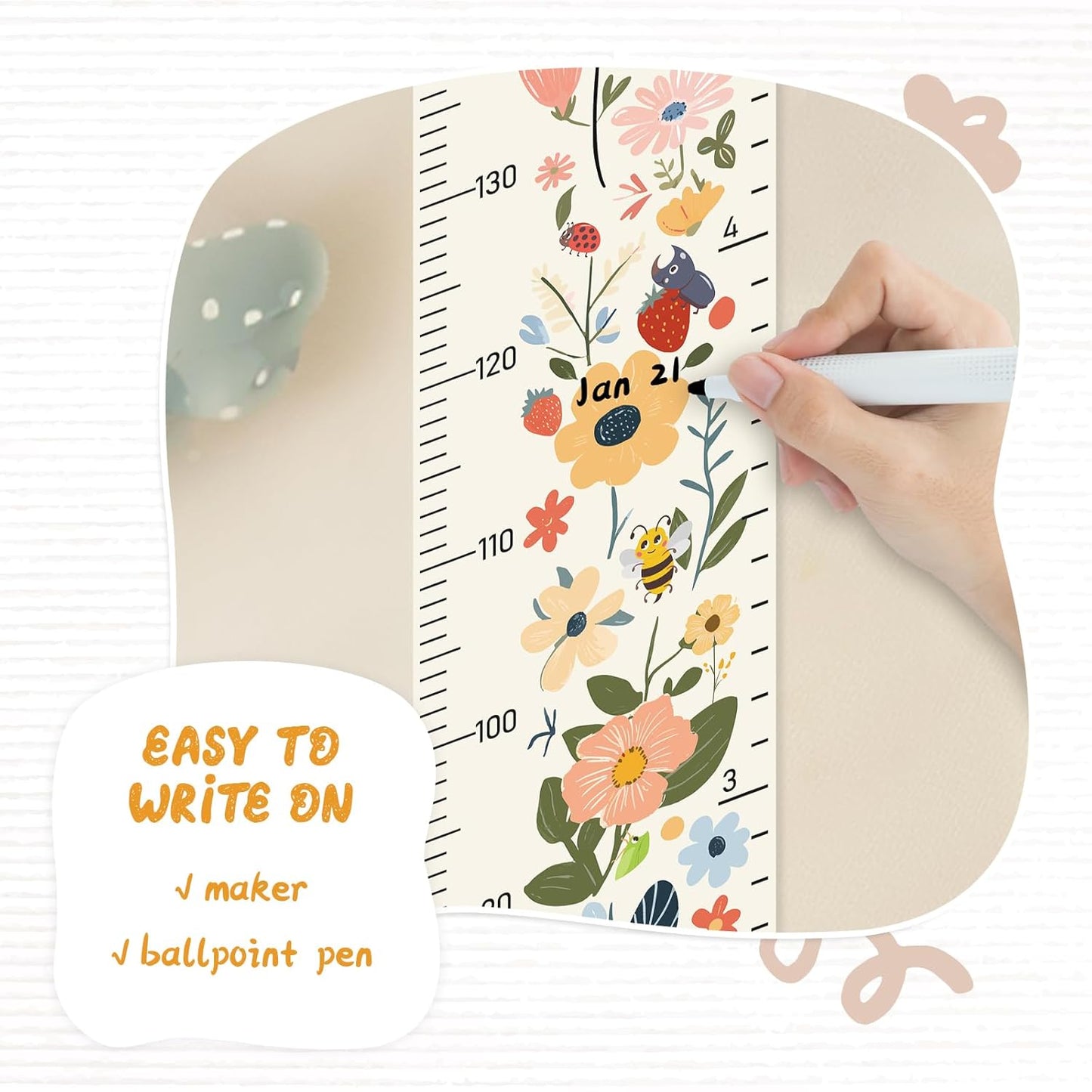 Personalized Name Growth Chart Wall Decor for Kids – Canvas Removable Height Chart Measuring Ruler 59" x 7.9" (Flowers)