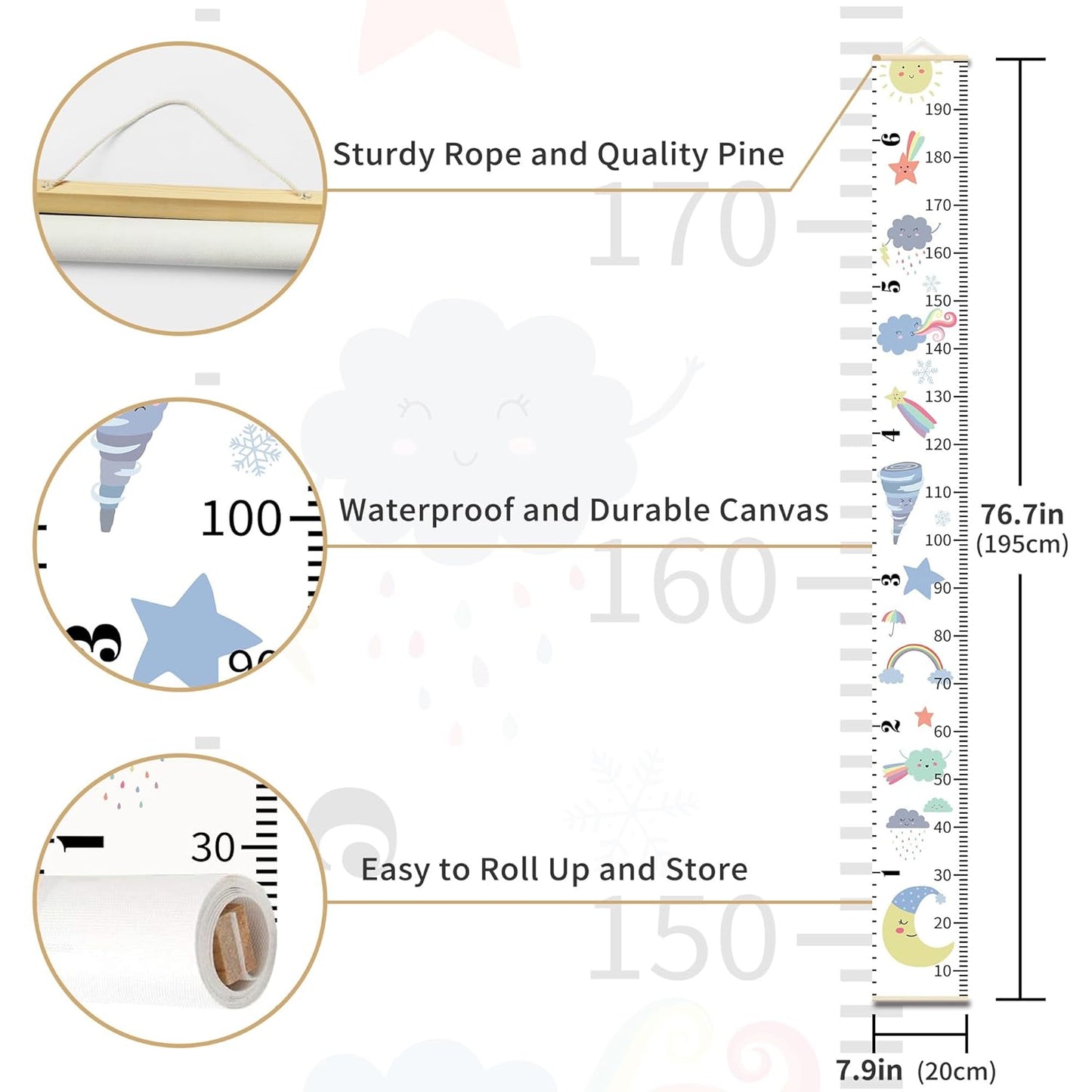 Baby Height Growth Chart, Canvas Ruler Home Nursery Wall Decor for Kids, Education Weather Icons Growth Tracker for Children Height Record, Boys & Girls Playroom Decoration