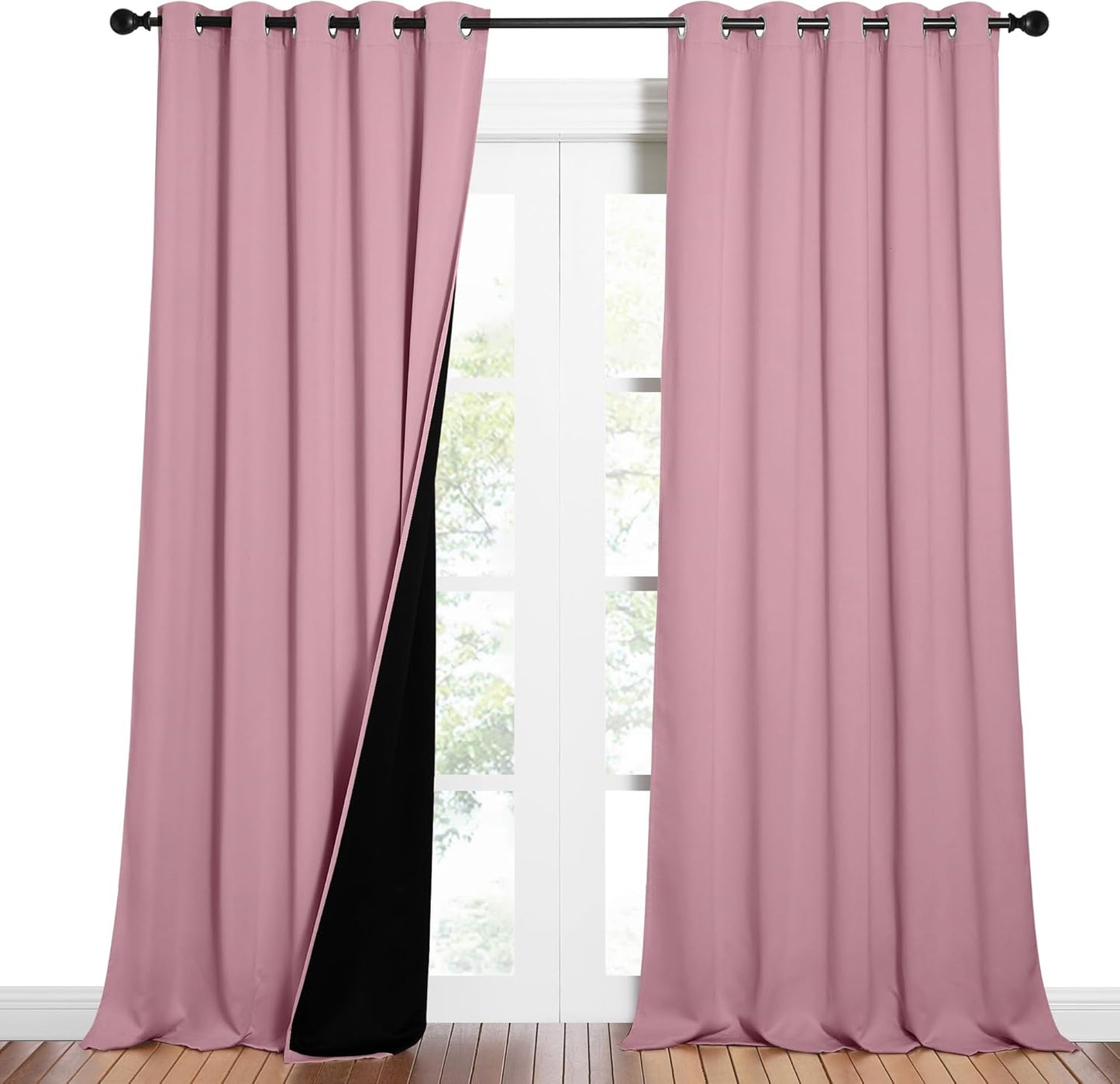 NICETOWN Total Shade Curtains and Draperies, Heavy-Duty Full Light Shading Drapes with Black Liner Backing for Villa/Hall/Dorm Window（Crystal Pink, Package of 2 Panels, 62 inches Wide x 95 inches Long