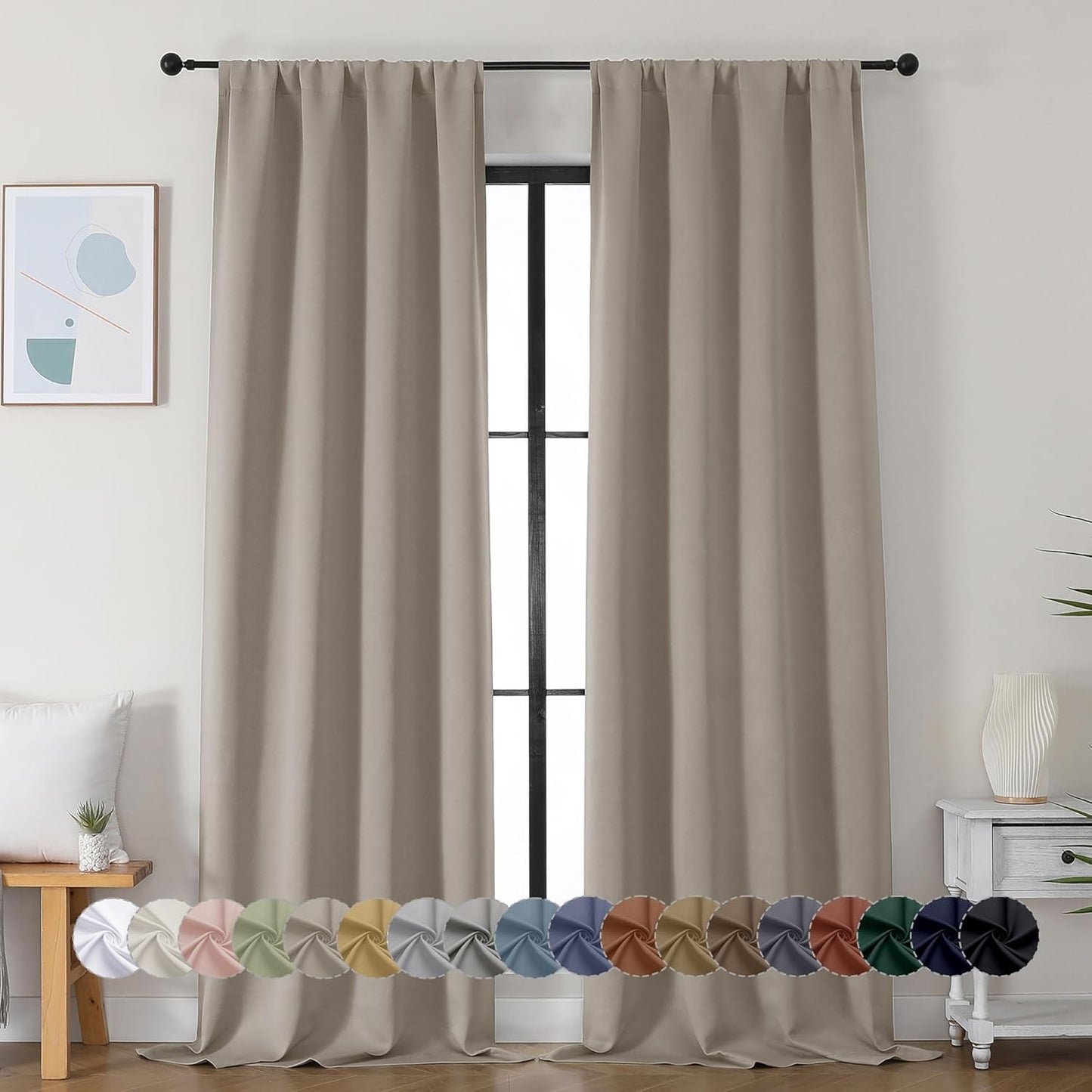 Simplebrand Ava Stone Blackout Curtains for Bedroom 90 Inches Long 2 Panels Set, Solid Privacy Energy Saving Living Room Window Treatment Curtains Blackout Drapes, W40 x L90 Inch, Stone