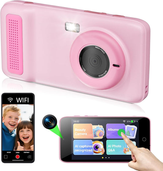 AI Digital Camera,AI Kids Camera Everything Recognition for 4 to 12 Years Old Girls Boys, Dual Lens,2.4GHz Wi-Fi,4" LCD Touch Screen,Gift Ideas for Birthday Christmas Festival