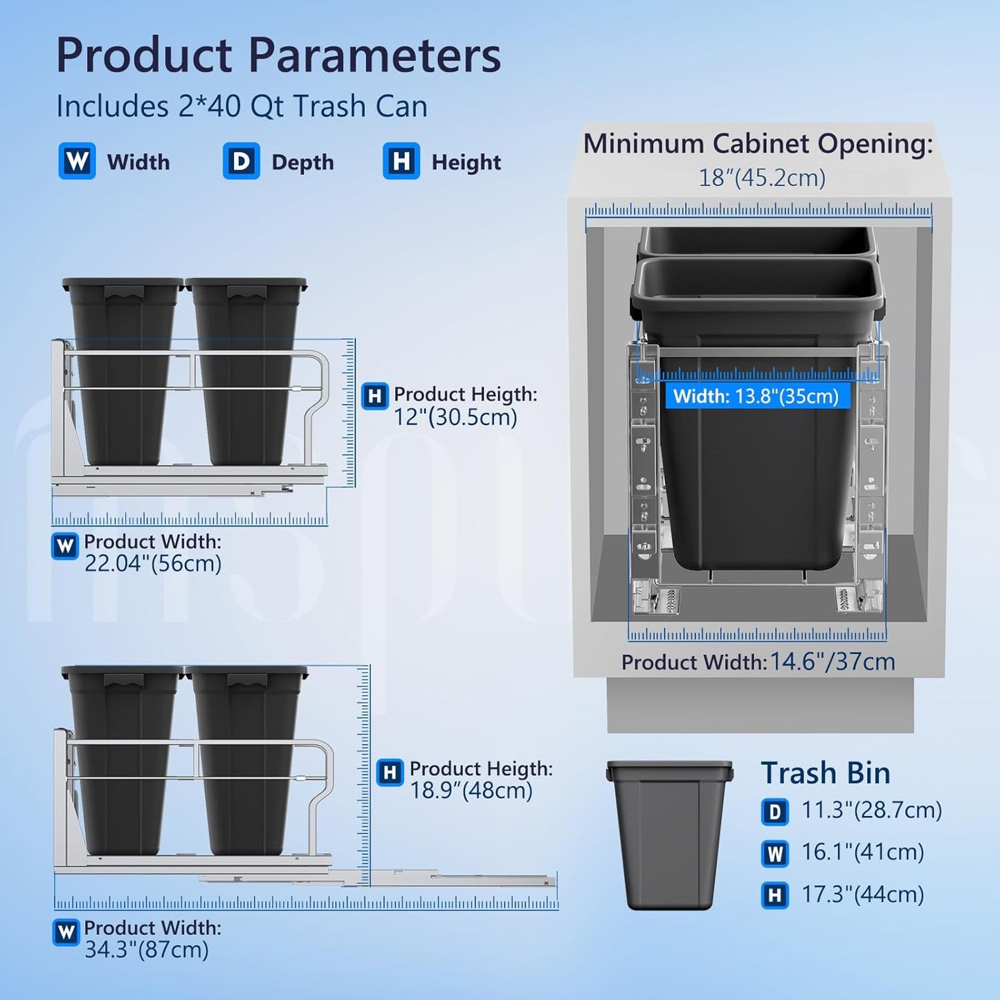 Insputer Double 40QT Pull Out Trash Can Under Cabinet, Heavy Duty Under Sink Garbage Bin Kit with Soft-Close Slides for Kitchen, Laundry, Requires Minimum Cabinets Opening 18" W X 24" D