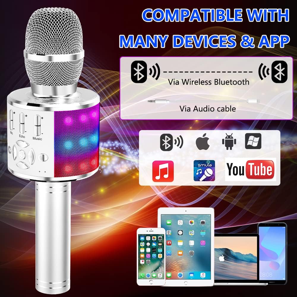 Amazmic Kids Karaoke Microphone Machine Toy Bluetooth Microphone Portable Wireless Karaoke Machine Handheld with LED Lights, Gift for Children Adults Birthday Party, Home KTV(Silver)
