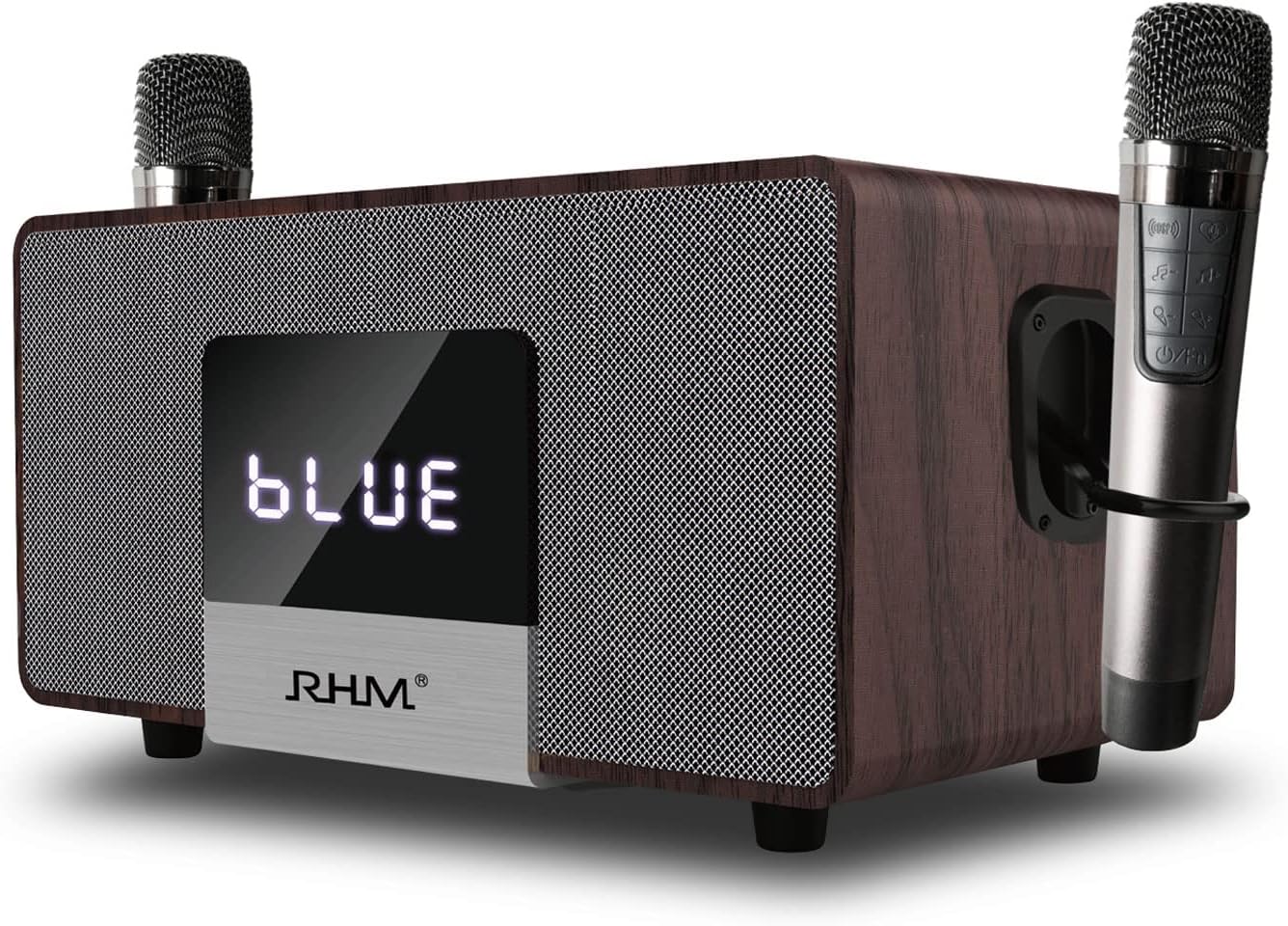 RHM K222 Karaoke Machine with 2 UHF Wireless Microphones & 5 Music Modes, Support Optical/Bluetooth/AUX/USB/PC, Wooden Home Karaoke Singing Machine for TV, Home, Karaoke, Singing Party, Christmas
