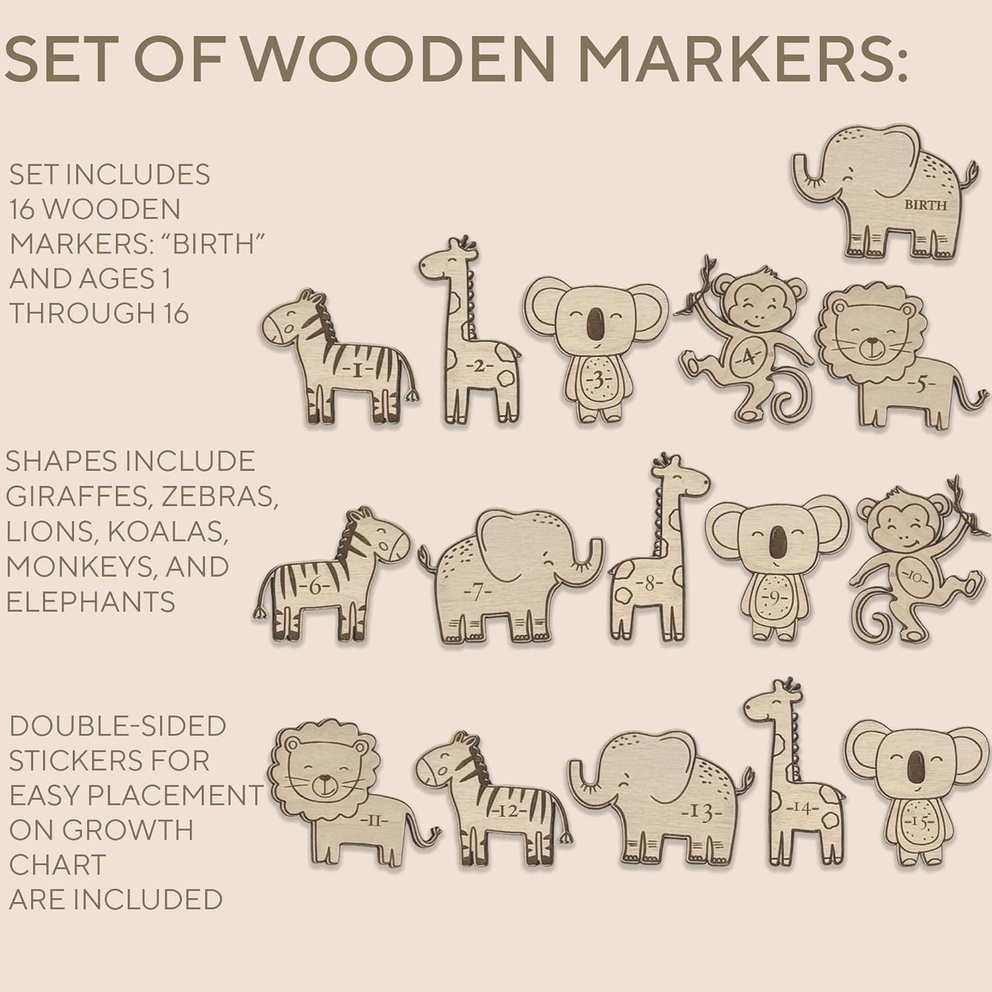 3D Wooden Growth Ruler Markers for Kids Height Measurement, Safari Shapes for Boys Nursery.