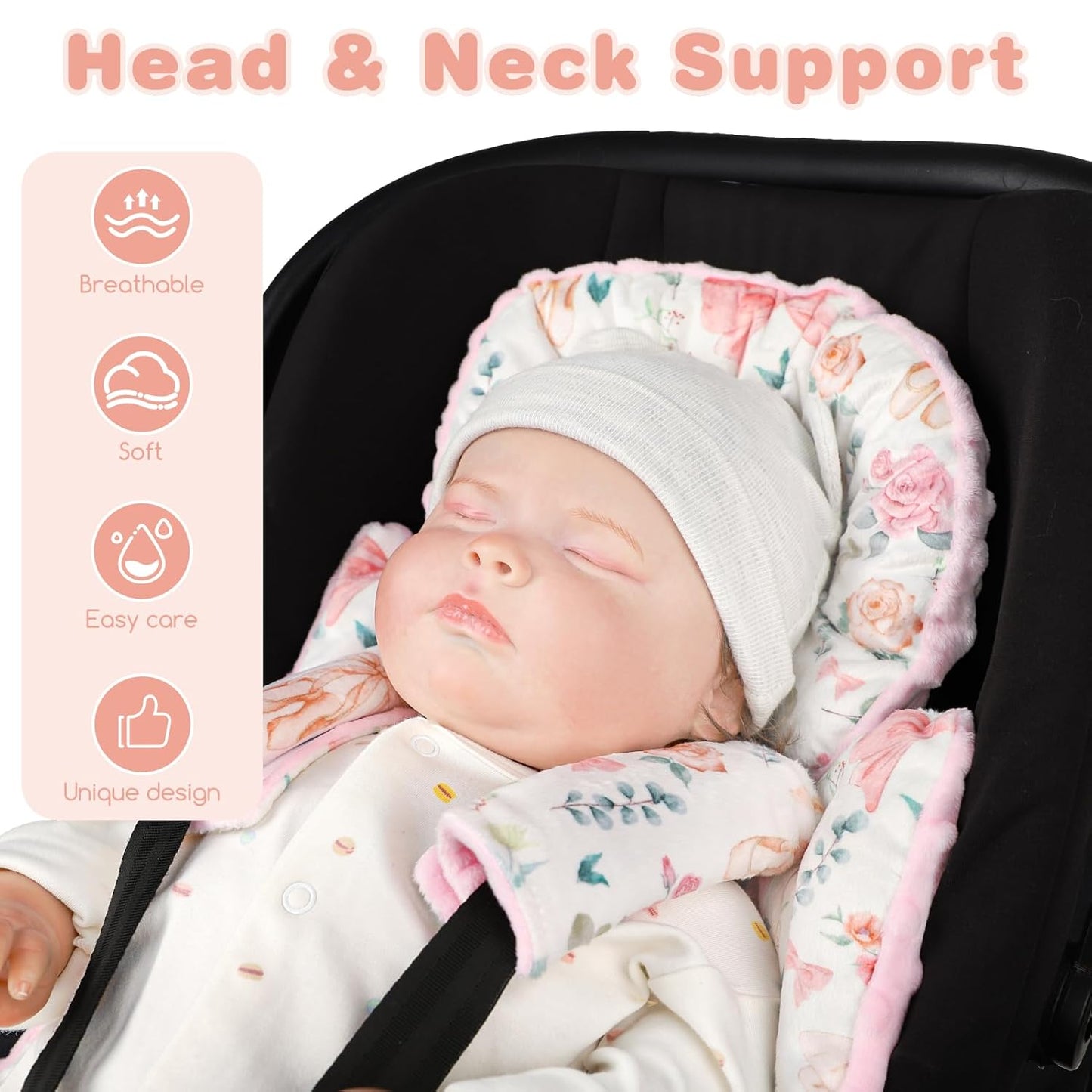 3-in-1 Infant Car Seat Insert, Soft Head and Body Support,Ultra & Strap Covers Set, Reversible Newborn Car Seat Cushion Pad for Baby Boy & Girl fits Stroller, Swing, Bouncer (Pink Bow)