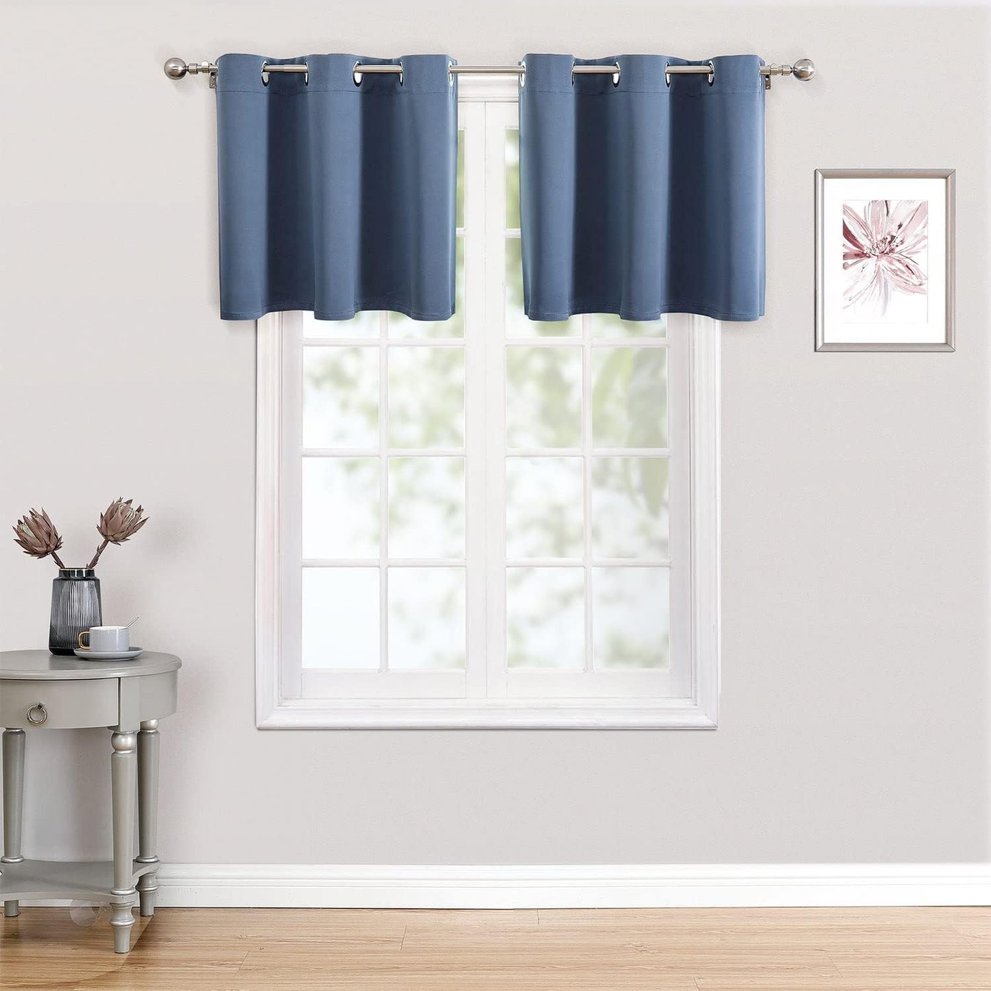 ChrisDowa Small Kitchen Valances for Windows - Grommet Short Thermal Insulated Room Darkening Window Valances Curtains for Living Room (2 Panels, Stone Blue, 52 x 18 Inch)