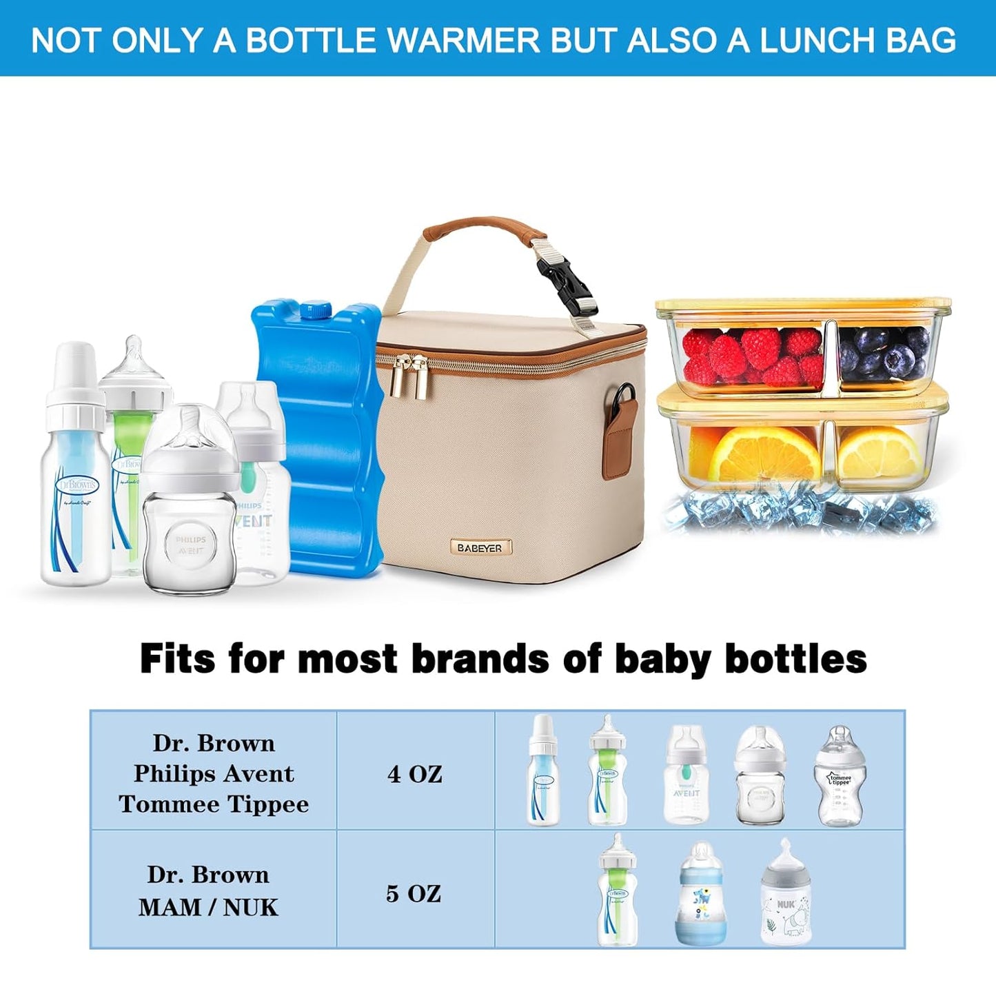 Breastmilk Cooler Bag with Ice Pack Fits 6 Baby Bottles Up to 5 Ounce, Baby Bottle Bag with Shoulder Strap for Nursing Mom Daycare, Cream