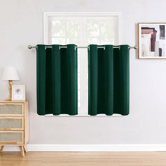 ChrisDowa Small Window Curtains for Kitchen and Bedroom - Grommet Short Thermal Insulated Room Darkening Curtains (2 Panels, Forest Green, 52 x 36 Inch)