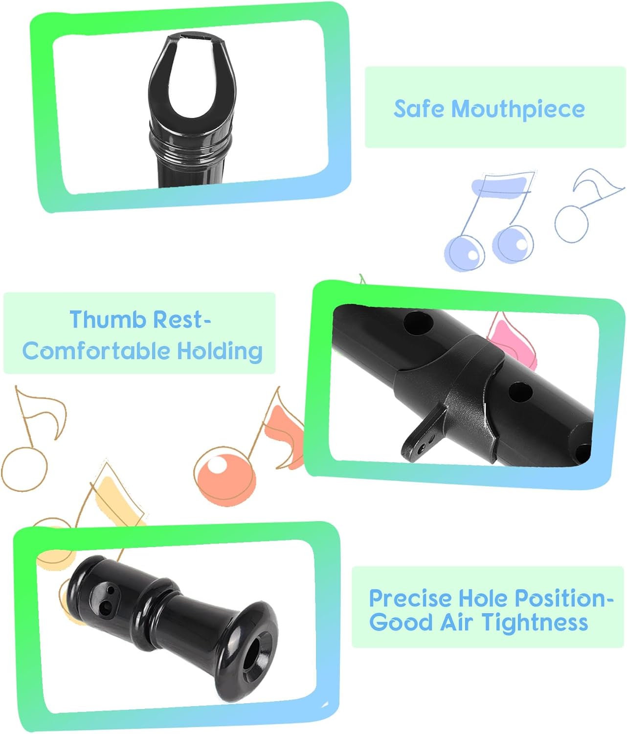 Mr.Power Soprano Recorder for Beginners School Students German Style C Key 8 Holes 3 Piece Instrument with Cleaning Rod, Thumb Rest, Fingering Chart, Packing Bag (Black)