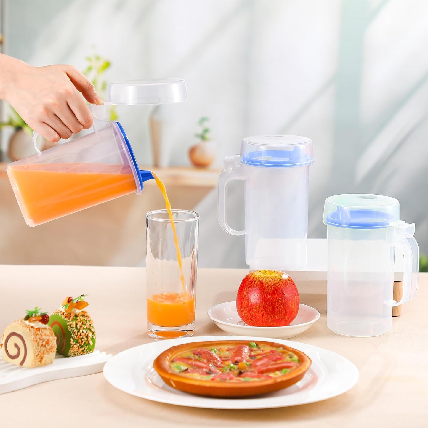 Newtay 6 Pack Early Learning Kids Easy Pouring Mini Pitchers Clear Plastic Pitcher with Lid and Handle Easy Pour Bottles 16 Oz. Jugs with Lids for Classroom Nursery Home (Blue)