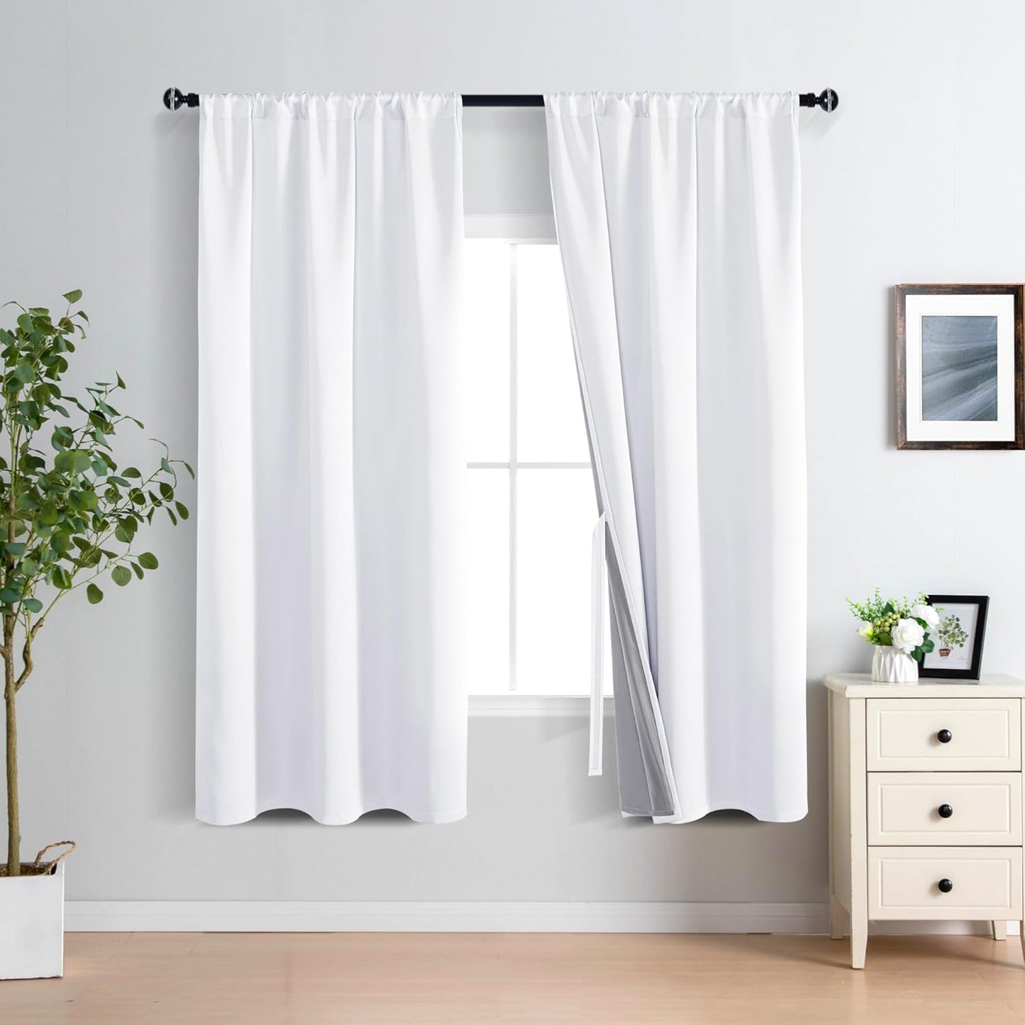 XWZO White 100% Blackout Curtains - Heat and Full Light Blocking Drapes with Black Liner for Bedroom/Laundry Room, Rod Pocket Window Panels with Tiebacks, White, W42 x L63, Set of 2