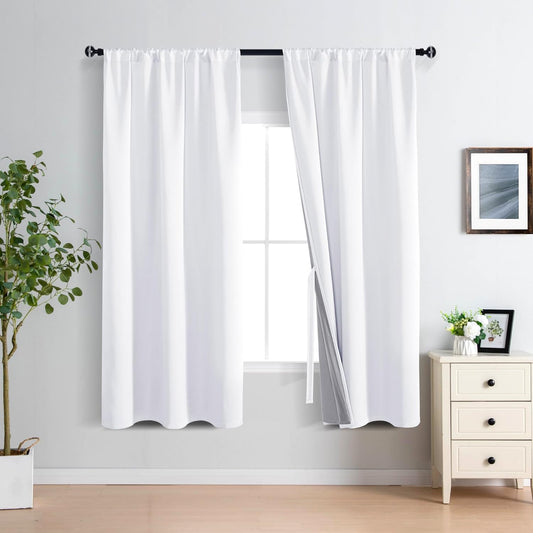 XWZO White 100% Blackout Curtains - Heat and Full Light Blocking Drapes with Black Liner for Bedroom/Laundry Room, Rod Pocket Window Panels with Tiebacks, White, W42 x L63, Set of 2