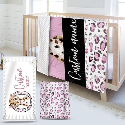 Custom Name Crib Bedding Set - Pink Leopard Theme, Personalized Nursery Bedding 3-Piece Set– Soft Blanket, Fitted Sheet, Changing Pad Cover – for Newborns Girls Nursery Gifts
