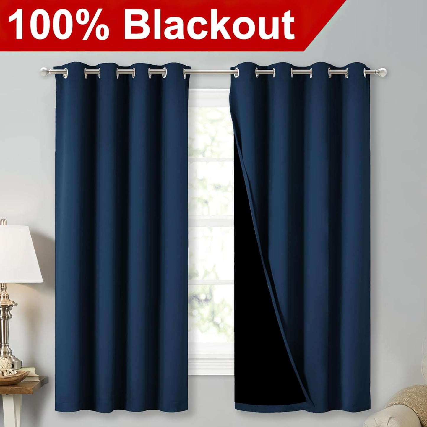 NICETOWN 100% Blackout Curtains with Black Liners, Thermal Insulated Full Blackout 2-Layer Lined Drapes, Energy Efficiency Window Draperies for Bedroom (Moroccan Blue, 2 Panels, 52" W by 63" L)