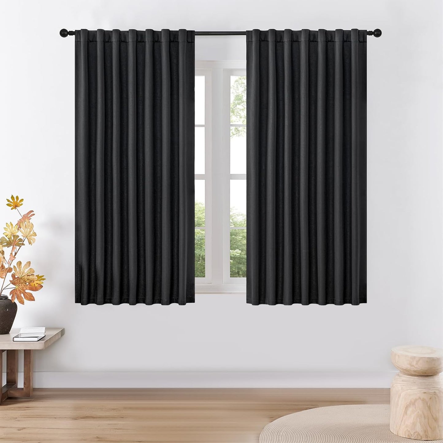 Joydeco Faux Linen Blackout Curtains for Bedroom,Black Blackout Curtains 72 inches Long,100% Blackout Solid Thermal Insulated Window Drapes Luxury Decor for Living Room（W52xL72 Inch,Black）