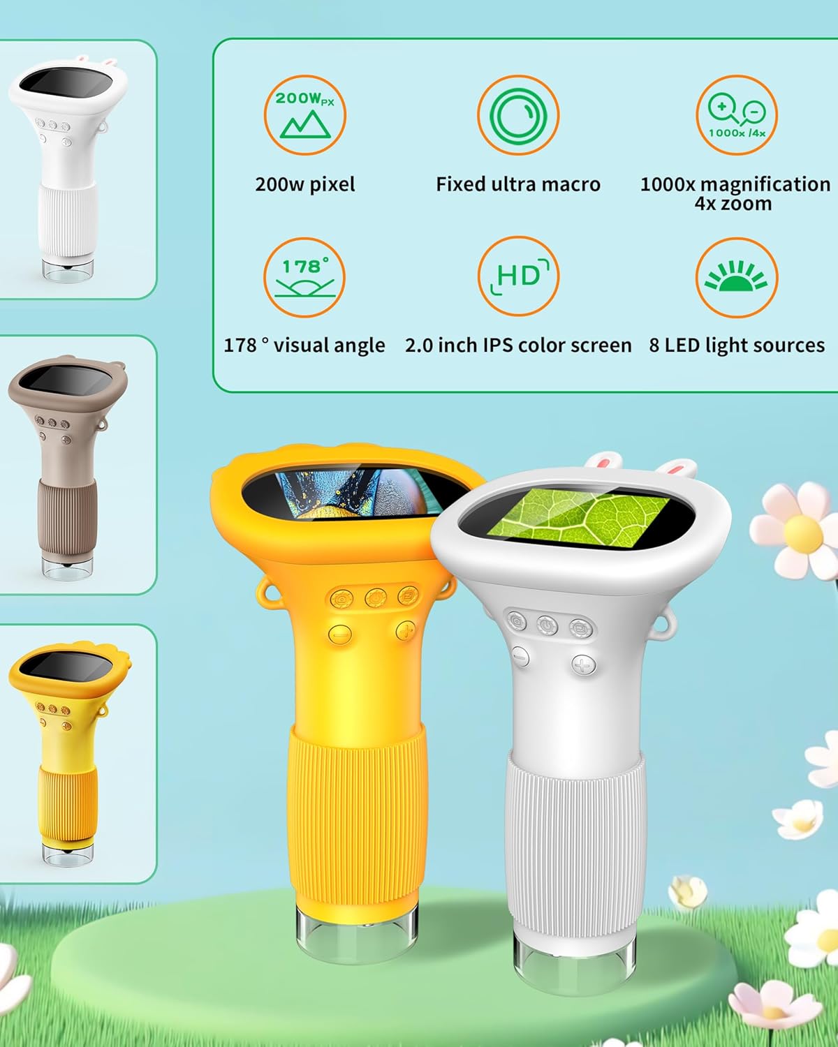 Microscope for Kids, Educational Science Kit Toys Portable Handheld Magnifying Glass, Macro Fixed Focus Digital Kid Microscopes Up to 1000x Magnification,4X Zoom, Interactive Learning, Ages 3+