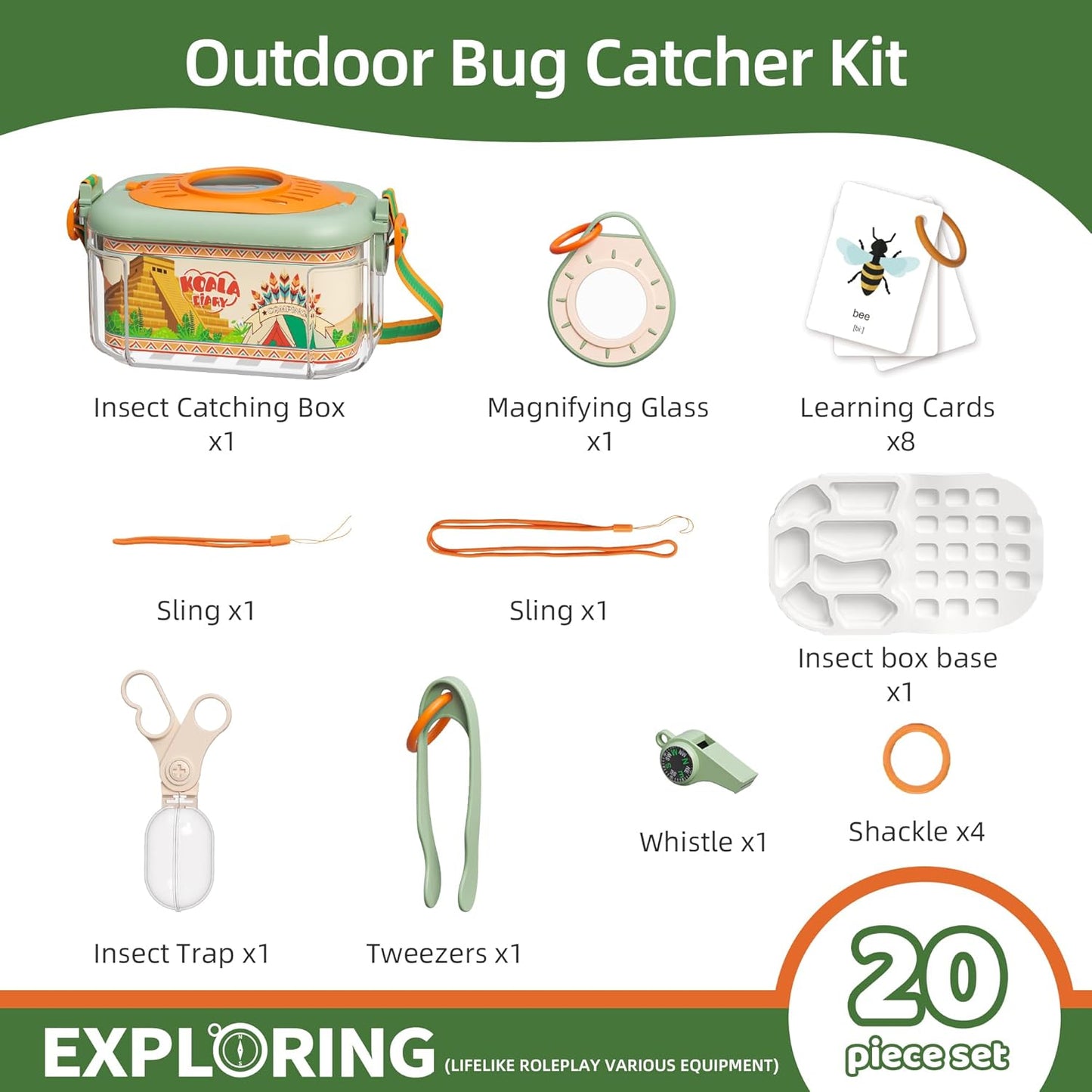 Bug Catcher for Kids Explorer Bug Catching Kit,Magnifying Glass, Tweezers, Whistle & Compass, Learning Guide, Insect Habitat, Outdoor Toys(3 Year +) (Kids Bug Catcher Set)