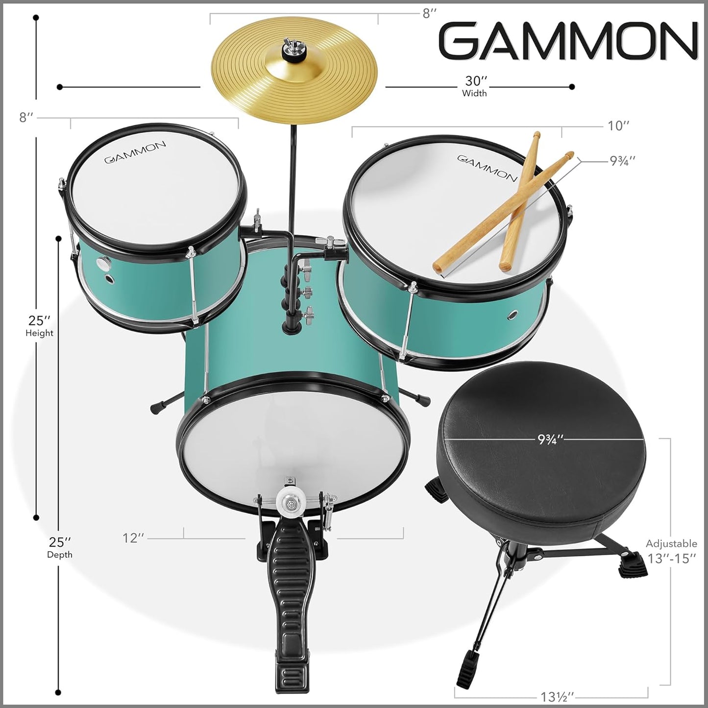 Gammon 3-Piece Junior Drum Set with Throne - Teal, Complete Beginner Kit with Bass Drum, Toms, Cymbal, Pedal, and Drumsticks