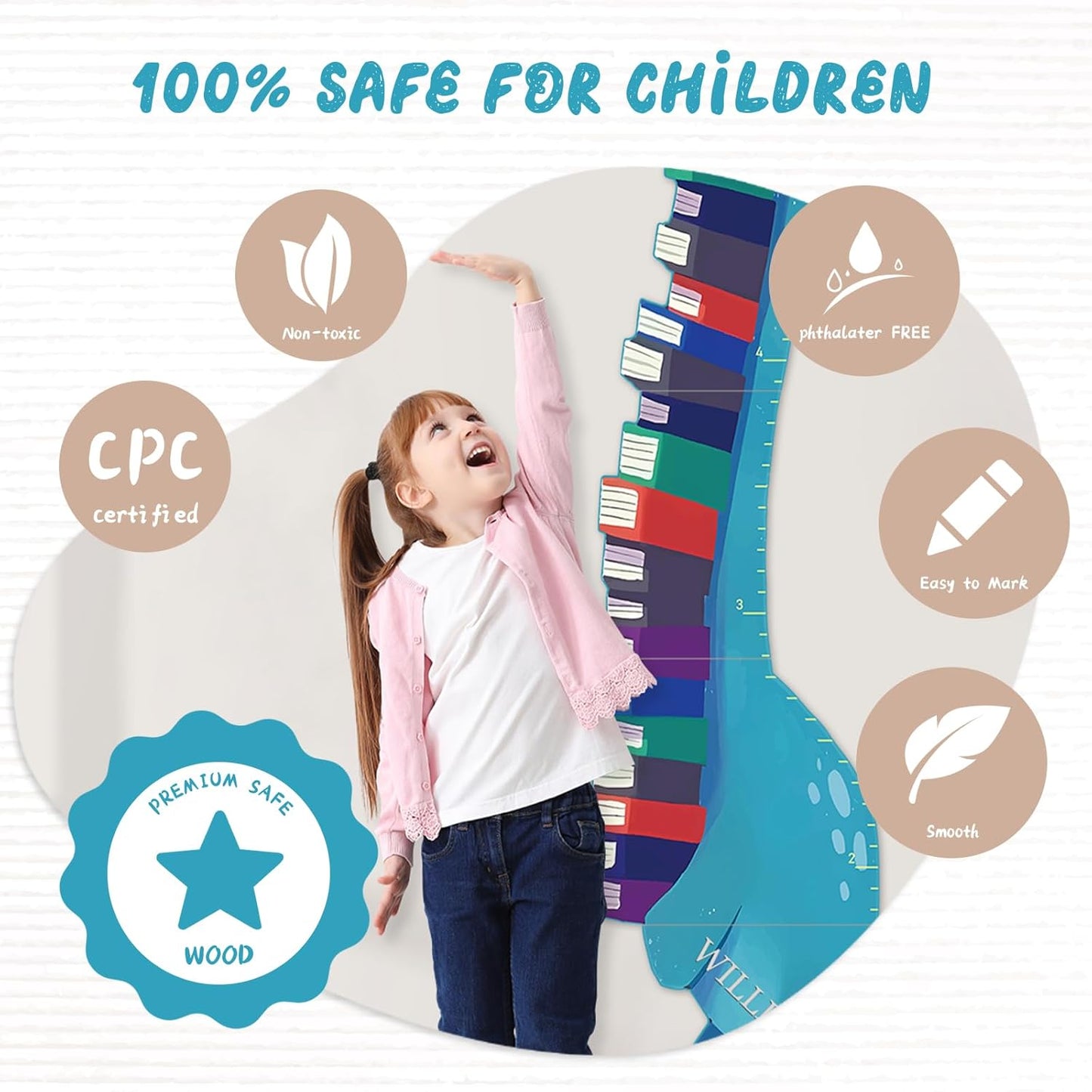 Personalized Name Growth Chart for Wall, Dinosaur Book Wooden Growth Chart Kids Height Chart,Growth Ruler for Toddler Playroom Decor 62.4" x 15.5"