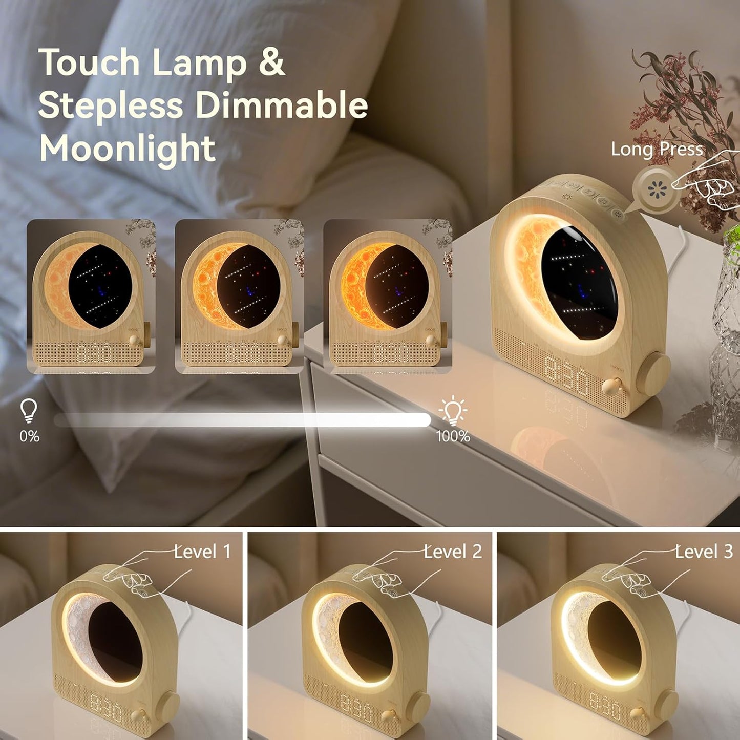 Sunrise Alarm Clocks for Bedrooms, Stepless Dimmable Moon Lamp Dual Alarm Clock Wake Up Light with 12Levels Volume for Heavy Sleepers, 10 Natural Sounds with 30/60/90min Timer Night Light