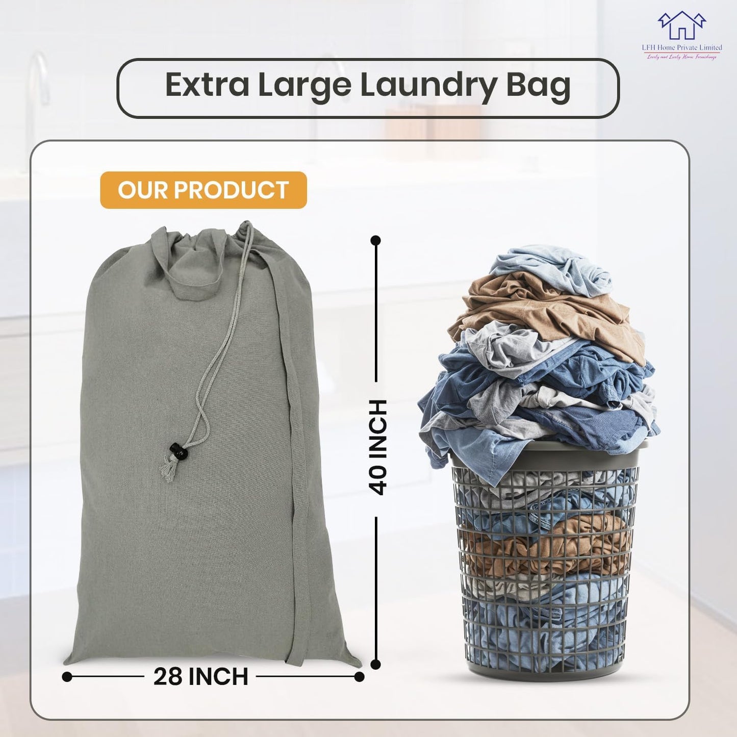 LFH Home Cotton Canvas Extra Large Laundry Bag with Handle, Heavy Duty Drawstring Closure Washable Laundry Bags, School Travel, Home, Hotel, College Dorm, Organizer Sack, Toys Clothes 28x40-Grey