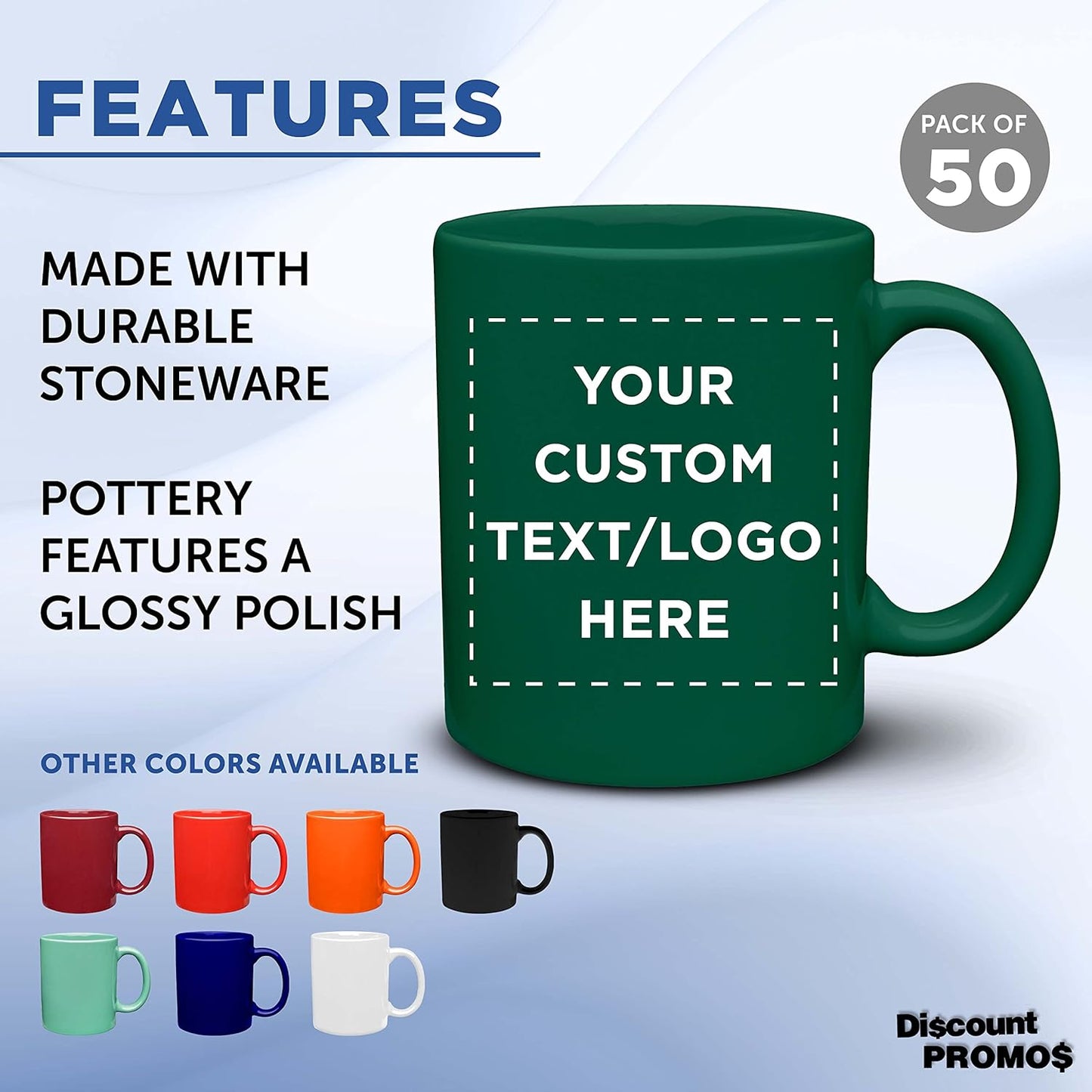 Custom Ceramic Coffee Mugs 11 oz. Set of 50, Personalized Bulk Pack - Coffee cup set, Iced coffee cup, Gaming mug - Green