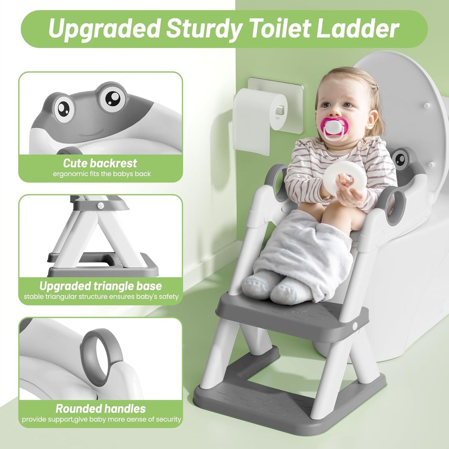 Frog Potty Training Seat, Upgrade Toddler Toilet Seat for Kids Boys Girls, 2 in 1 Potty Training Toilet for Kids, Splash Guard Anti-Slip Pad Step Stool