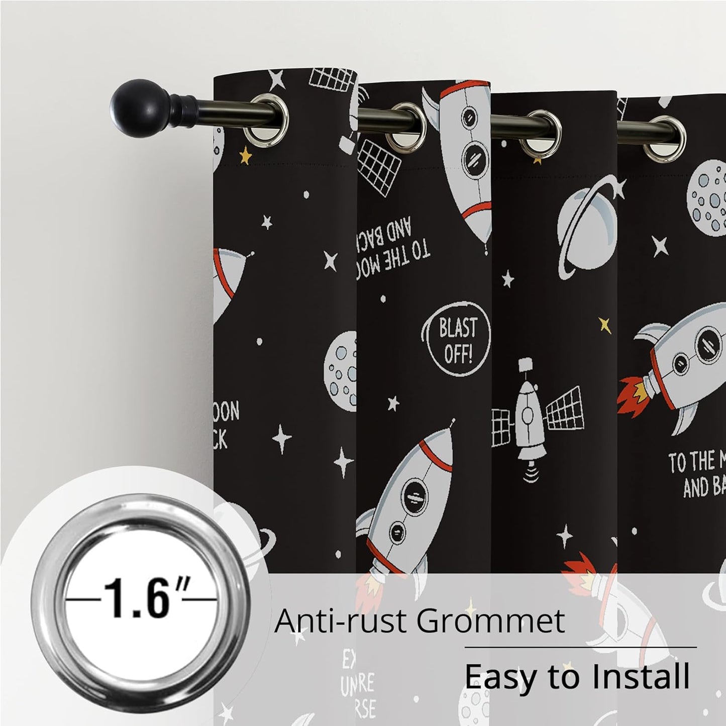Kids Space Rocket Blackout Curtains - 100% Blackout, Thermal Insulated, Noise Reducing, Perfect for Kids Room and Nursery, 2 Panels (Blast-Off Moon Mission, W52×L84)