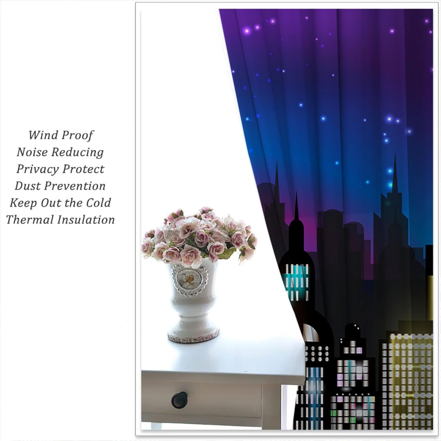 Superhero Rod Pocket Blackout Curtains for Boy Girl Bedroom, Super City Skyline Buildings Night Panorama Home Energy Efficient Light Filtering Window Curtain for Living Room, 84x63 inch