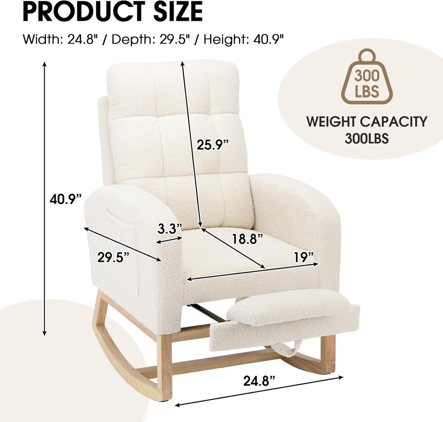 NIOIIKIT Modern Nursery Rocking Chair, Teddy Upholstered Rocking Chair with Footrest, Comfortable Rocker Chair with Side Pocket, Rocker Chair for Living Room, Bedroom, Nursing Room (White)