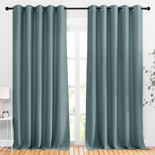 NICETOWN Greyish Blue Room Darkening Curtains 90 inch Length - Grommet Thermal Blackout Window Treatments Sound Proof Room Divider Drapes for Bedroom (2 Panels, W66 x L90)