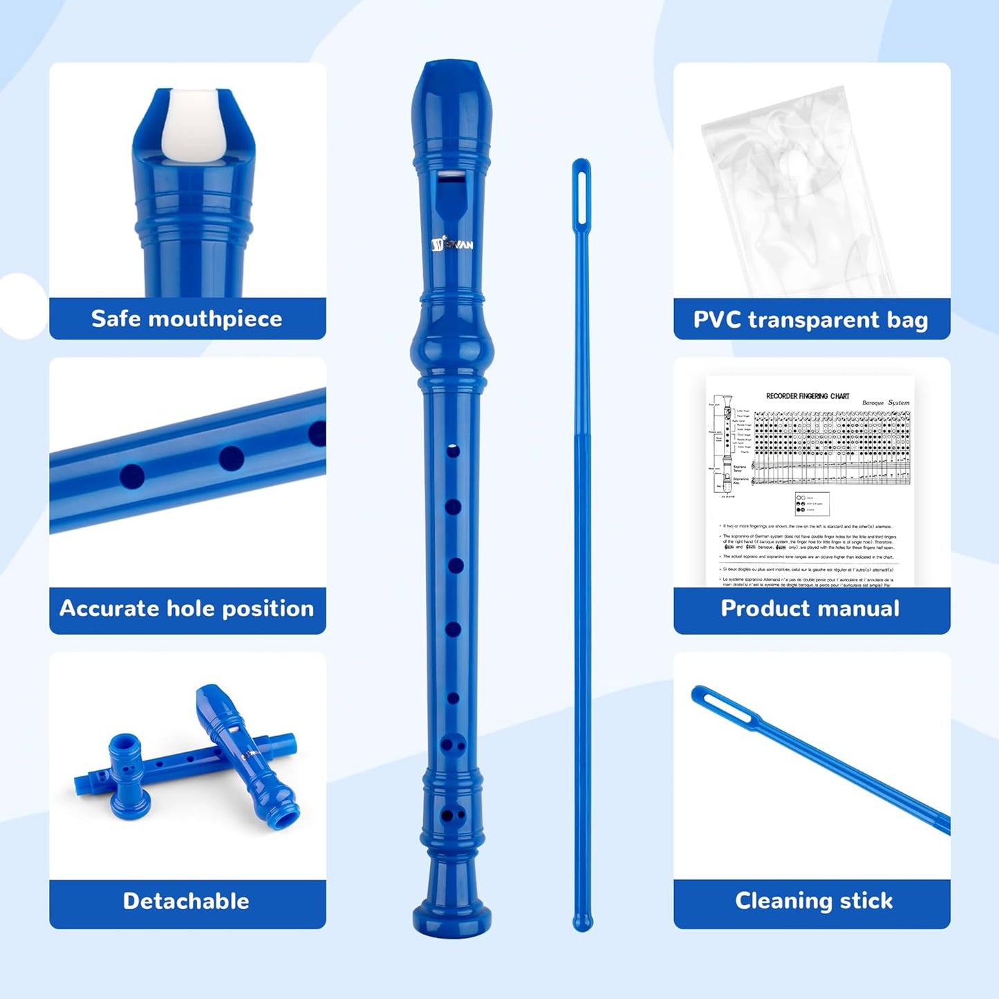 SWAN Soprano Recorder Instrument for Beginners Student - German Fingering 8 Hole Flute Detachable 3pcs Descant Recorder with Cleaning Rod and Fingering Chart for Kids over 6 Years Old, Royalblue