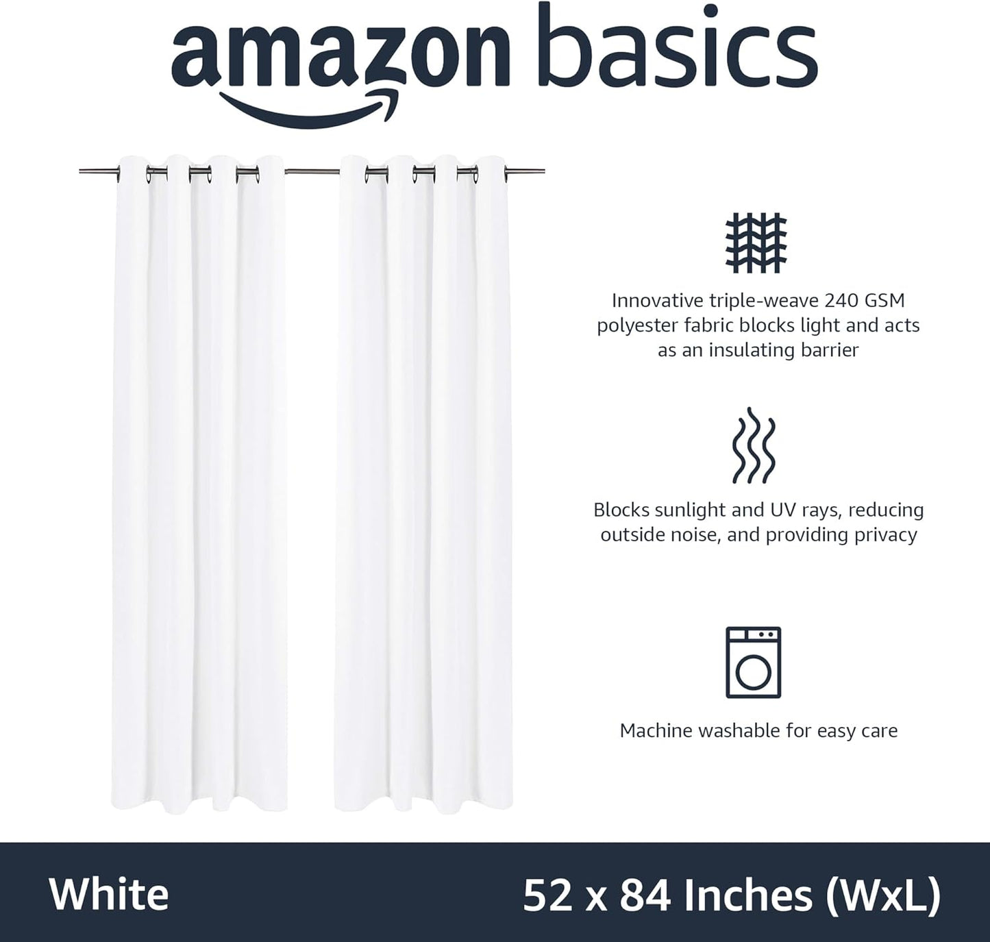 Amazon Basics Room Darkening Blackout Window Curtains 2 Panels with Grommets, for Living Room and Bedroom, 52 x 84 inches, White