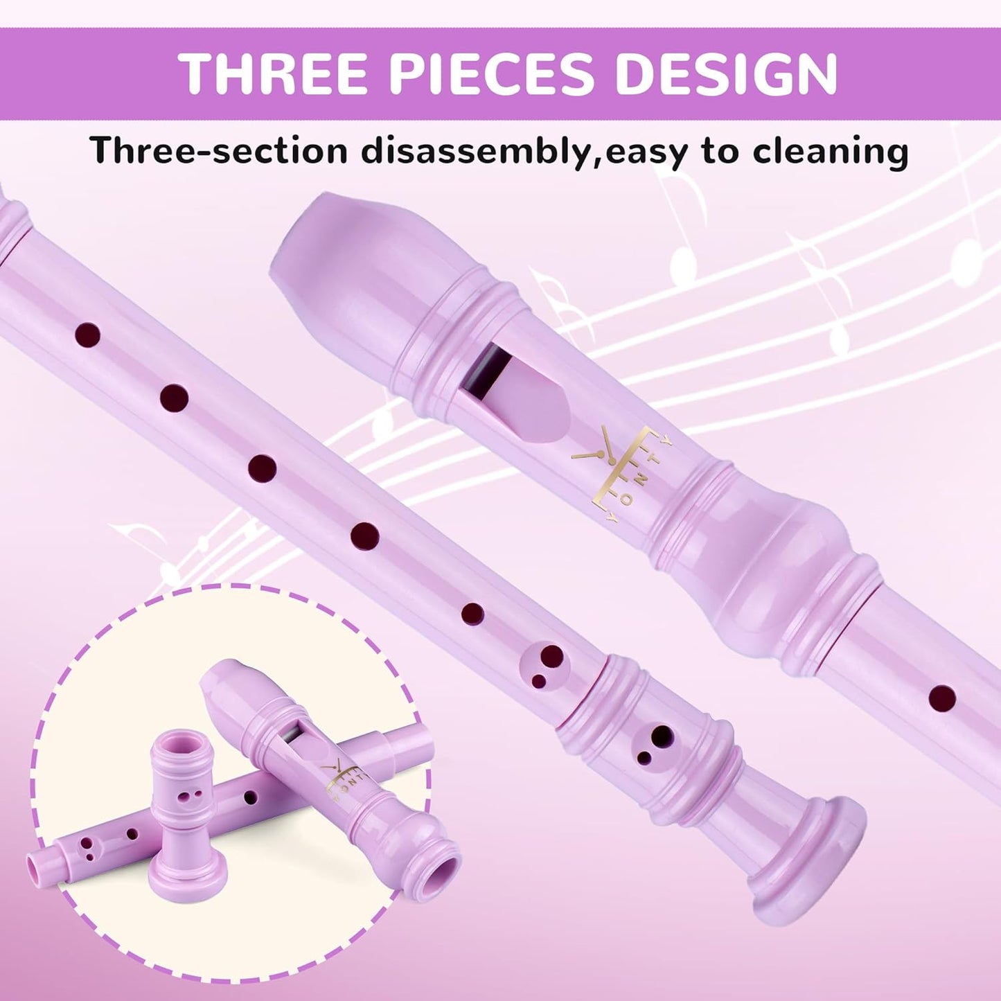 Soprano Recorder 8-Hole Instrument for Kids Beginners, German Style C Key Kids Flute with Cleaning Rod & Case Bag for School Education Home Entertainment - Pink