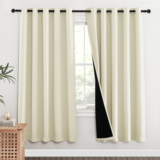 NICETOWN Living Room Completely Shaded Draperies, Privacy Protection & Noise Reducing Ring Top Drapes, Black Lined Insulated Window Treatment Curtain Panels (Beige, 2 Pieces, W62 x L72)