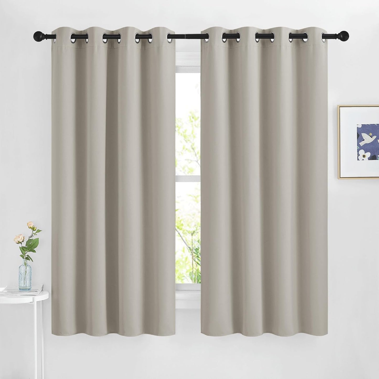 NICETOWN Room Darkening Bedroom Curtains 63 inches Long, Window Treatment Thermal Insulated Solid Grommet Voice Reducing Drapes for Kids Room, Natural, Set of 2, W46 x L63