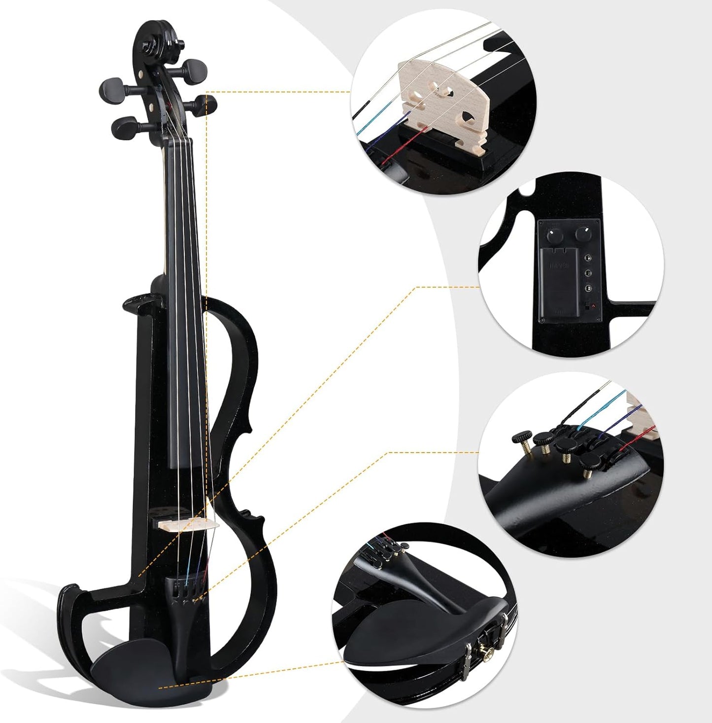 Electric Violin 4/4 Kit, Beginner Violin for Adults, Students,Full Size Violins Set with Case, Bow, Rosin, and Headphones,Black