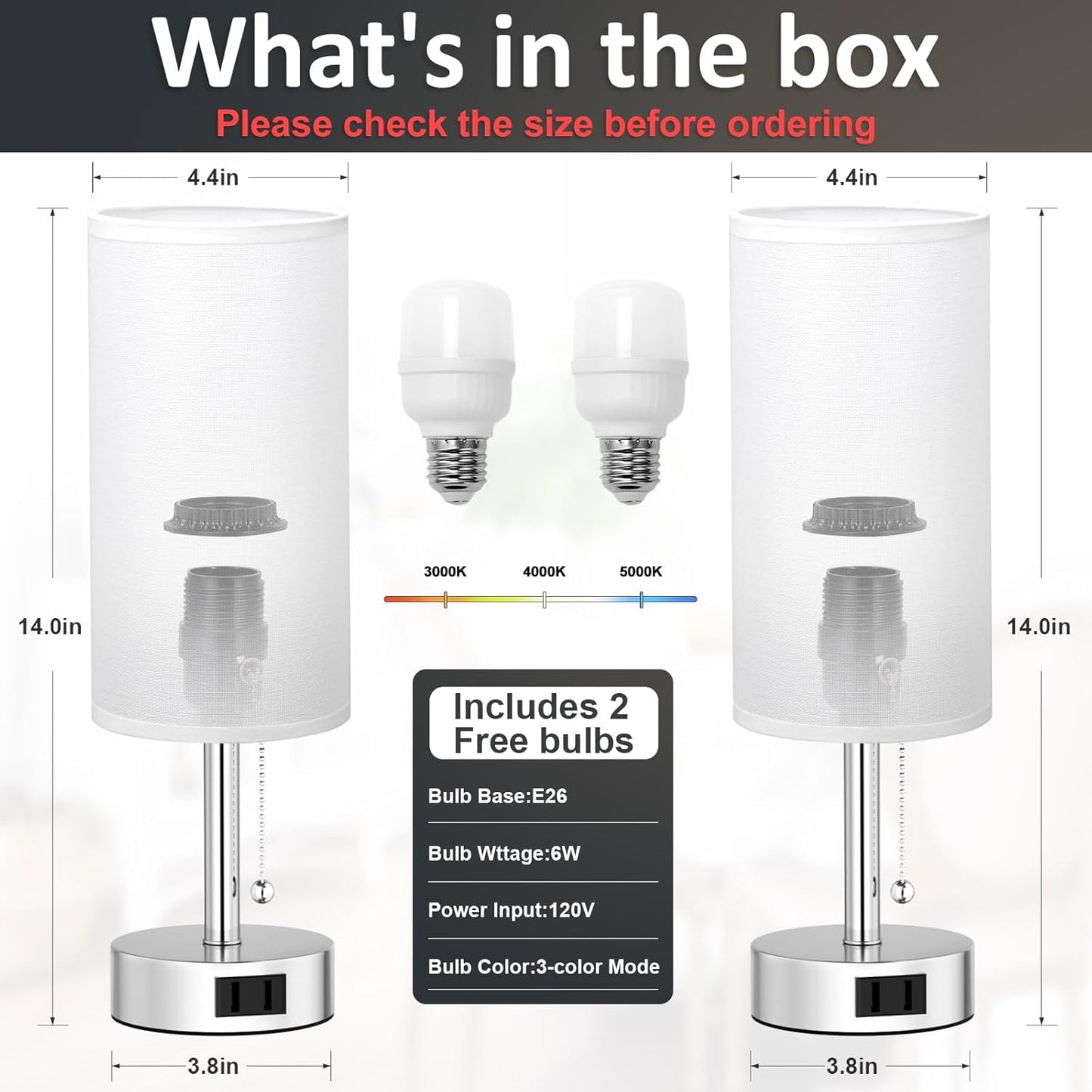 White Silver Bedside Table Lamps Set of 2-3 Color Temperatures Pull Chain Lamp with AC Outlet Charging Port, Two Round Night Stand Lamps for Bedroom, Small Bed Side Light with E26 LED Bulbs