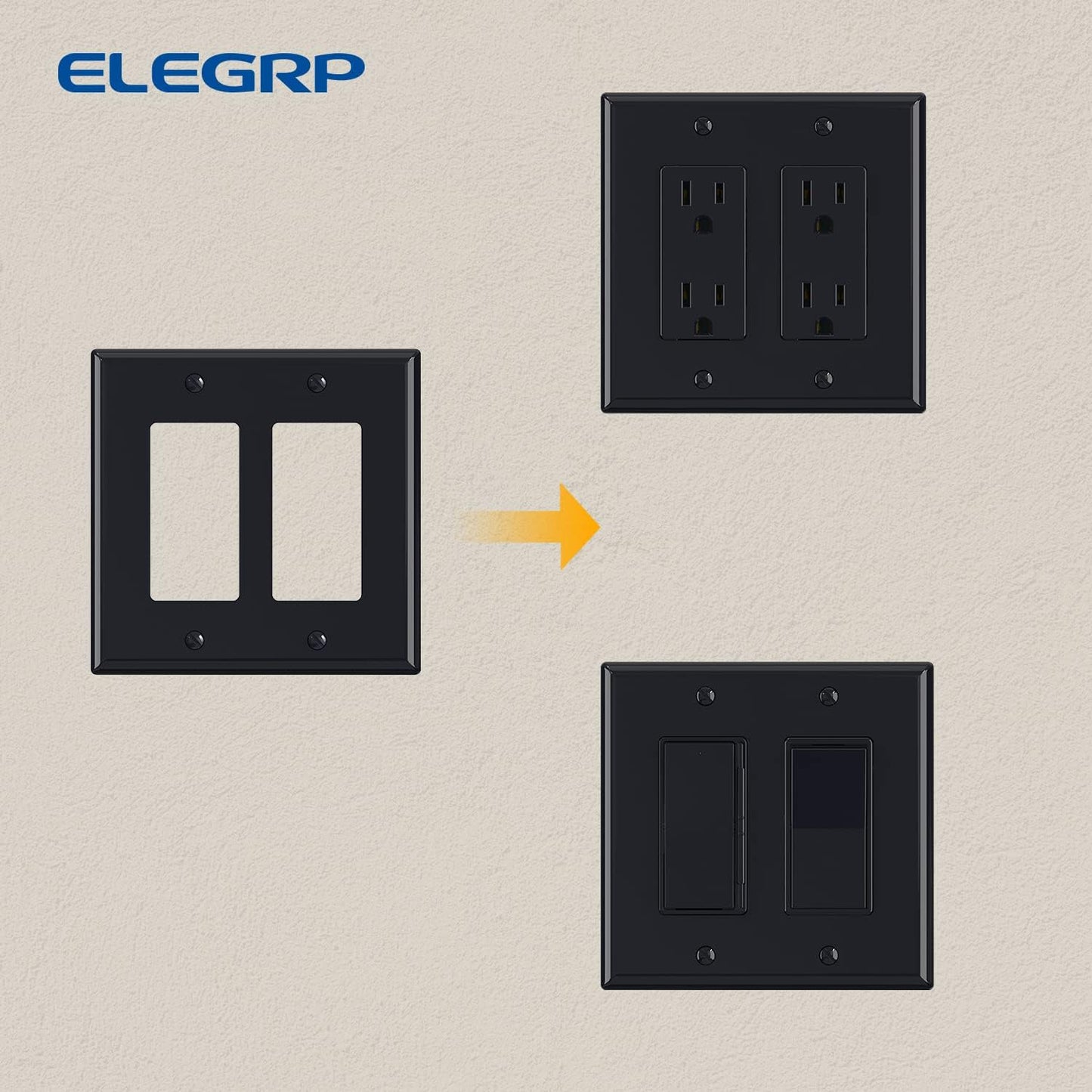 ELEGRP 2-Gang Decorative Wall Plates, Mid-Size 4.88" H x 4.94" L Unbreakable Thermoplastic Faceplate Cover for Decorator Receptacle Outlet Switch, UL Listed (1 Pack, Glossy Black)