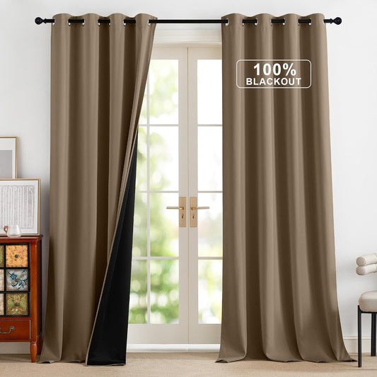 NICETOWN 100% Blackout Curtains 96 inches Long for Bedroom - Grommet Privacy Window Treatment Drapery for Cafe Bar Thermal Insulated Curtains for Living Room, 1 Pair, 52" W x 96" L, Khaki