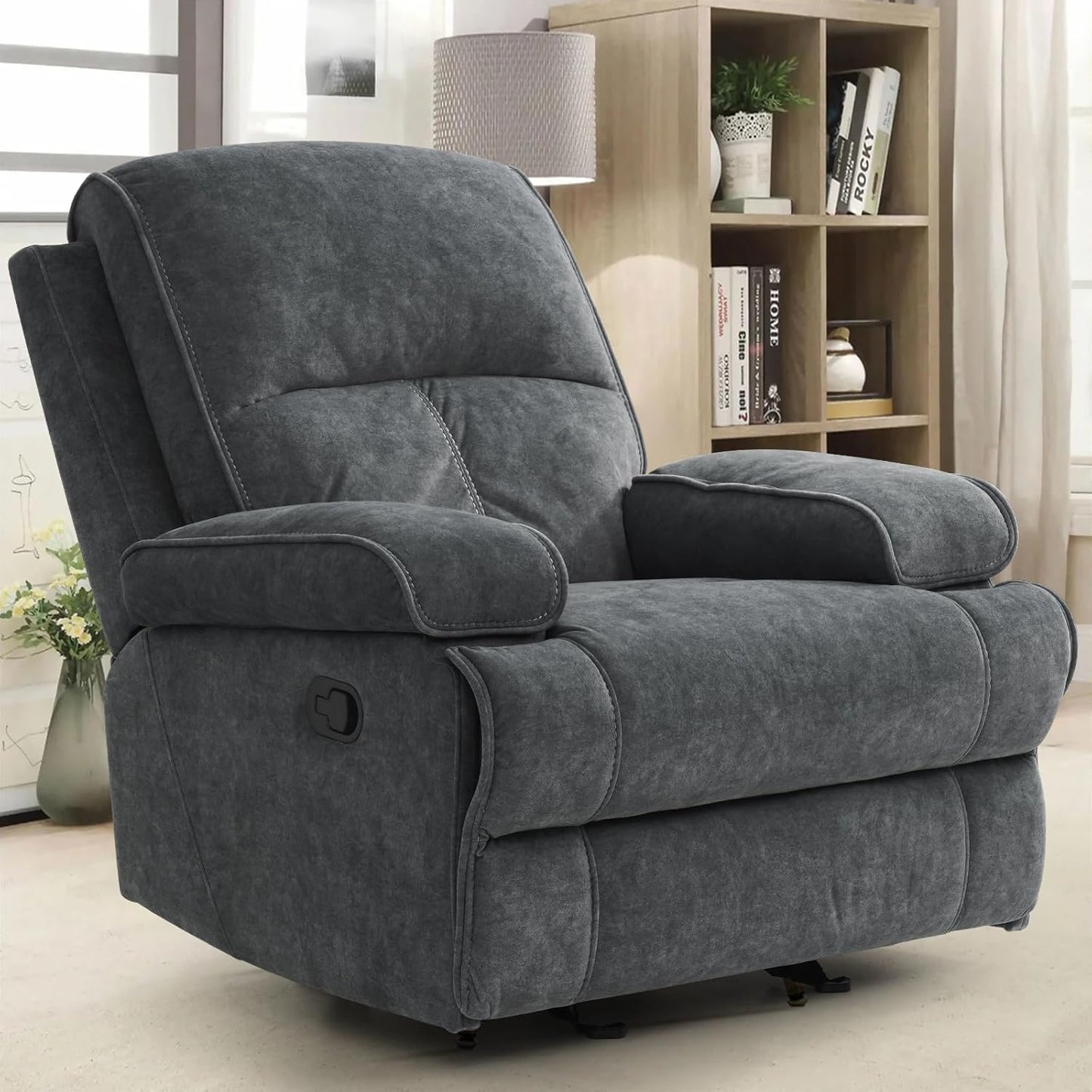Rocker Recliner Chair for Adults, Manual Glider Chair for Nursery, Reclining Single Sofa Chair for Living Room, Upholstered Fabric Armchair, High Back, Deep Seat, Dark Grey