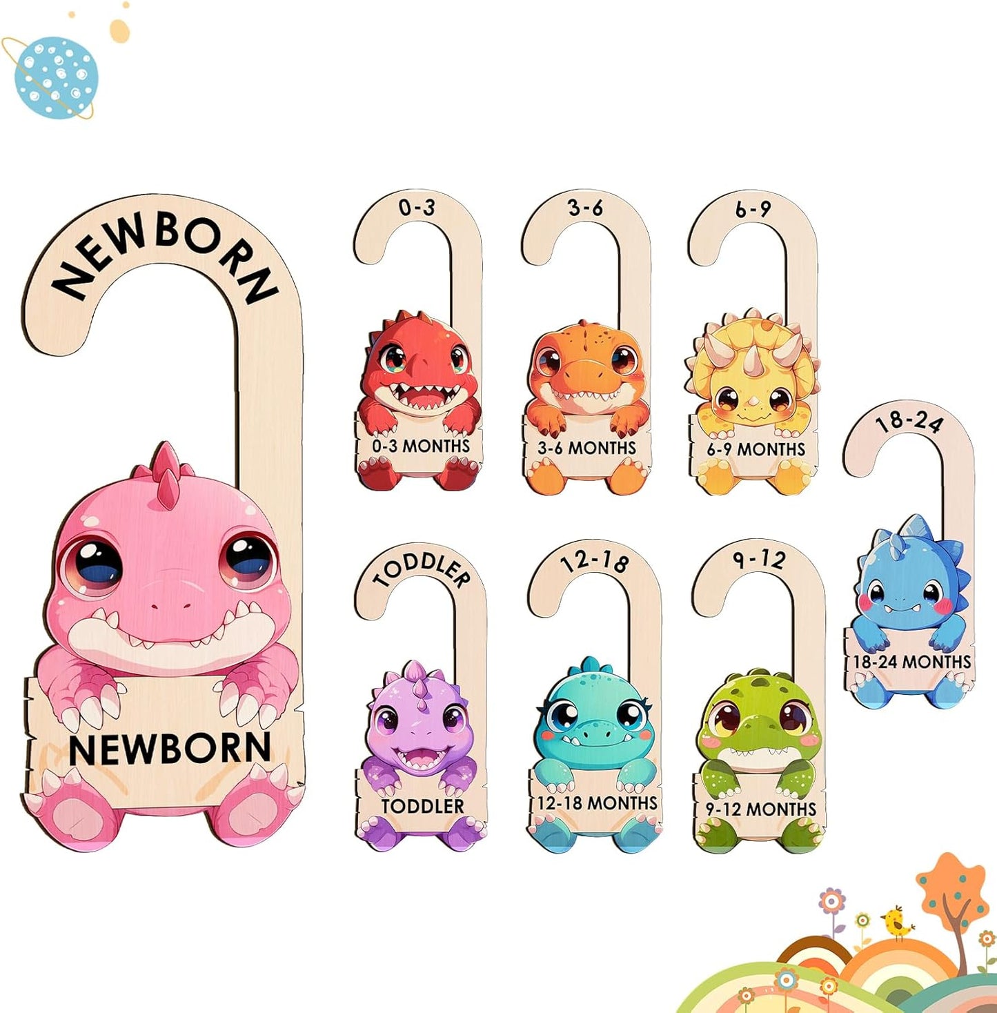 Baby Clothes Dividers for Closet - Wooden Baby Size Closet Dividers Newborn to 24 Months, Unique Dinosaur Design Babies Clothes Organizer for Nursery Decor Gender-Neutral Newborn Hangers (Set of 8)