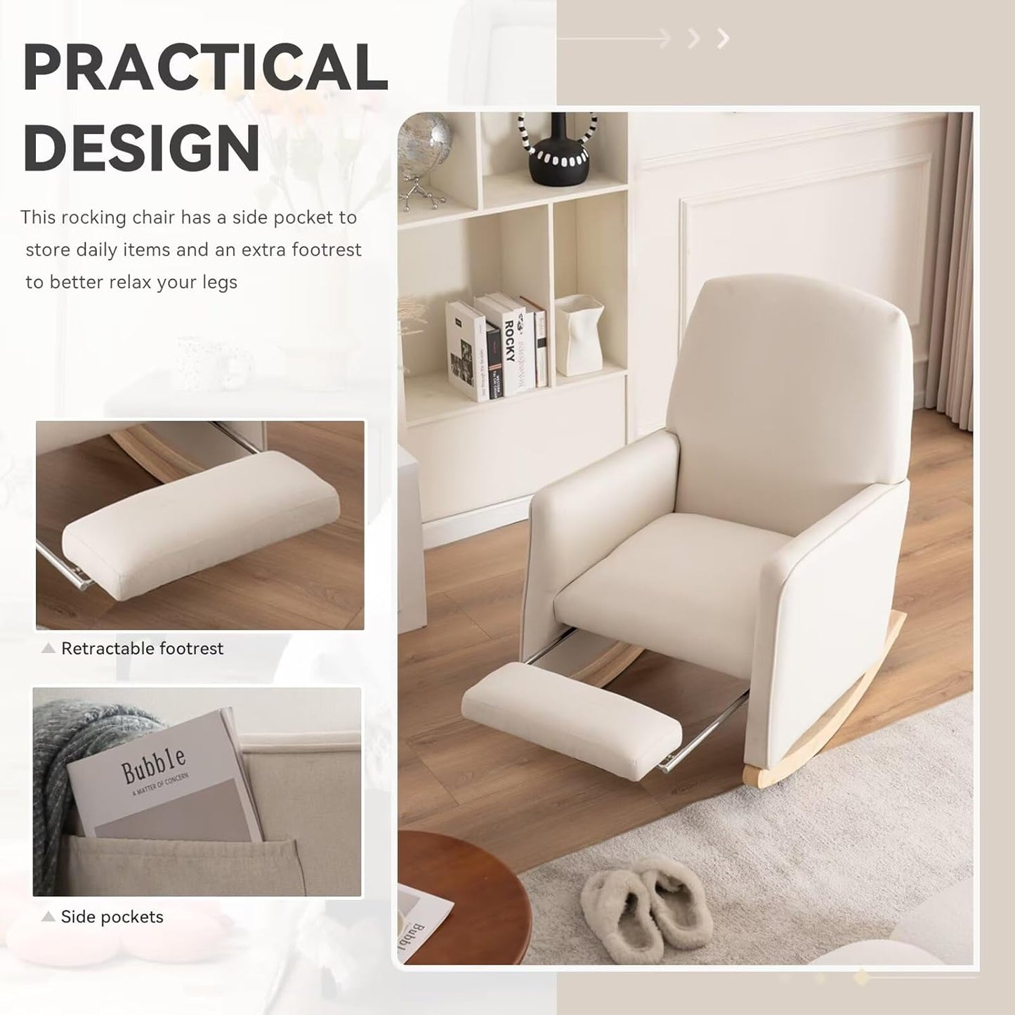 FOXHUNTER Rocking Chair Nursery with Adjustable Footrest and High Backrest, Upholstered Glider Chairs with Side Pockets for Nursery, Rocker Armchair Indoor for Living Room,Beige