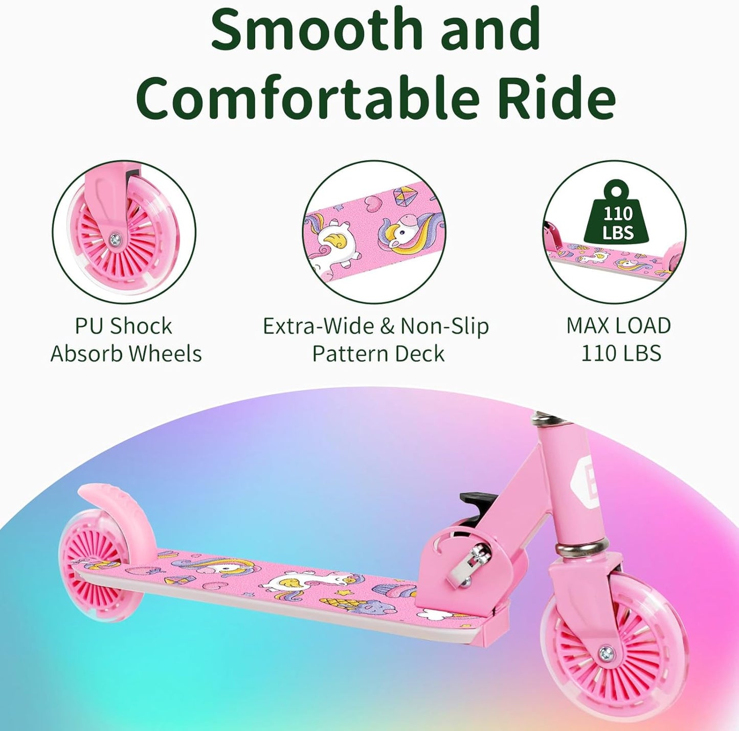 BELEEV V2 Scooters for Kids with Light-Up Wheels & Stem & Deck, 2 Wheel Folding Scooter for Girls Boys, 3 Adjustable Height, Non-Slip Pattern Deck, Lightweight Kick Scooter for Children Ages 3-12