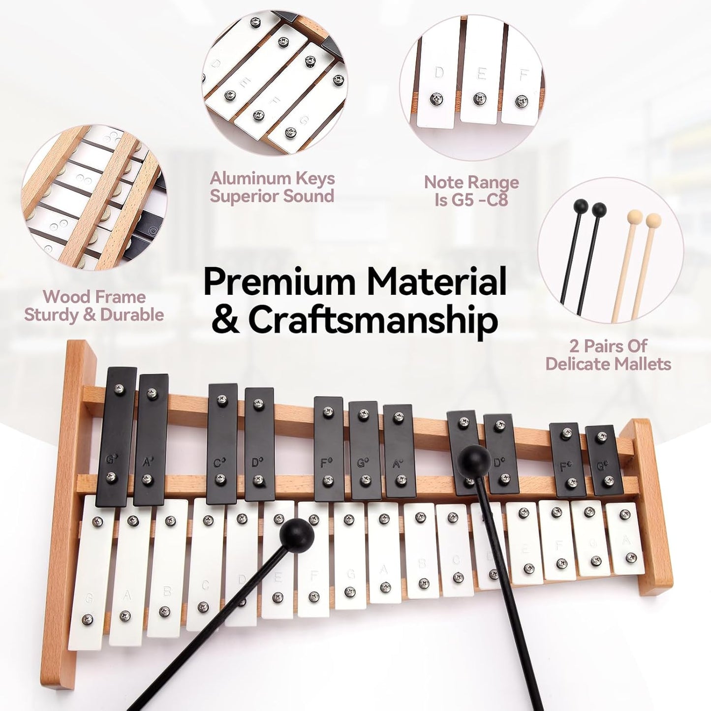 Heuyrao 27 Notes Glockenspiel Xylophone, Professional Wooden Glockenspiel Instrument, Xylophone Bell Kit for Adults and Kids- Includes 4 Mallets and Carrying Bag - Black & White