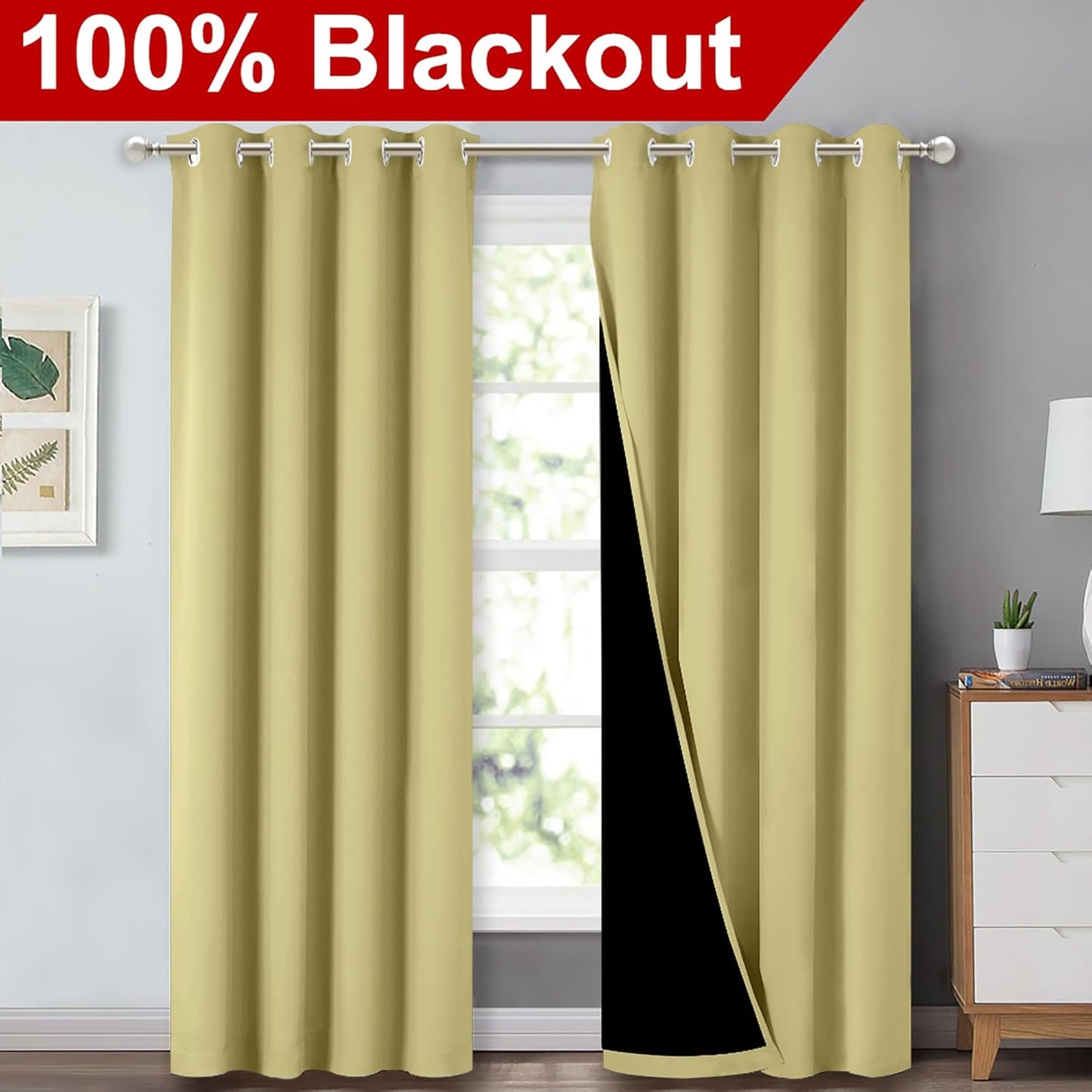 NICETOWN Paler Yellow Full Shade Curtain Panels, Pair of Energy Smart & Noise Blocking Out Blackout Drapes for Dining Room Window, Thermal Insulated Guest Room Lined Window Dressing(52 x 84 inch)