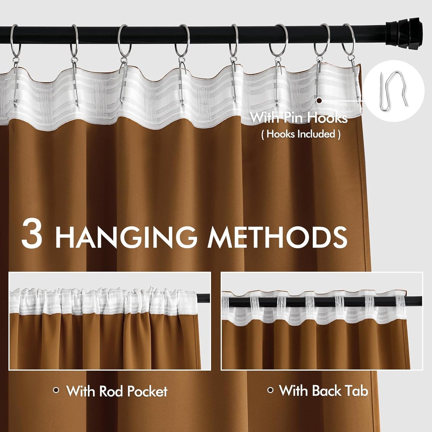MIULEE Golden Brown Back Tab Blackout Curtains 108 Inch Long 2 Panels Set for Bedroom, Rod Pocket/Pinch Pleat Extra Long Thermal Insulated Living Room Darkening Pleated Light Blocking Drapes