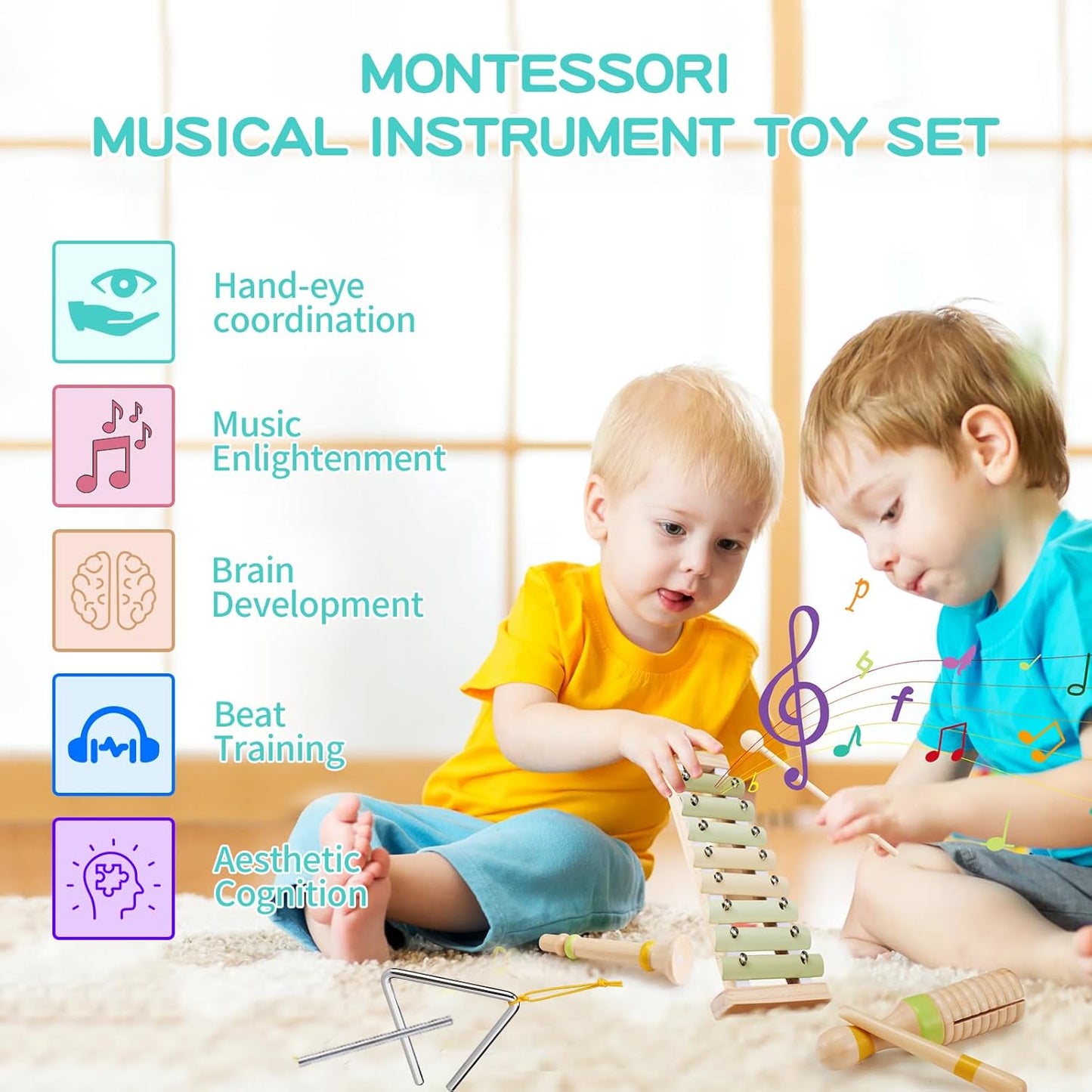 Baby Musical Instruments Set Montessori Wooden Toy for Toddlers 1 2 3 Percussion Music Xylophone for Kids Preschool Learning Resource Christmas Birthday Gifts for Boys Girls Aged 18 Months (Green)